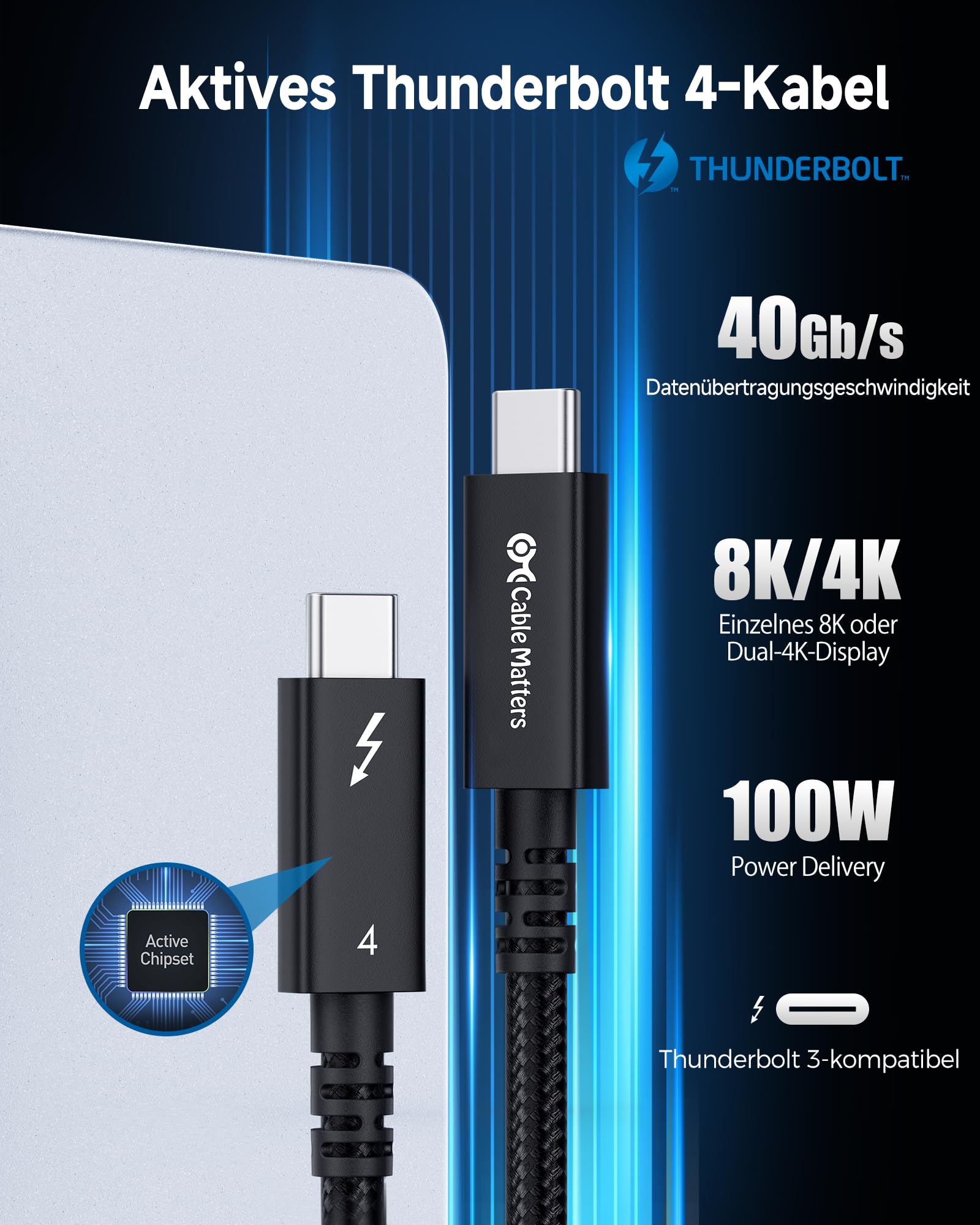 Cable Matters [Intel-zertifiziert] 40 Gbps Braided Active Thunderbolt 4 Kabel 2m, mit 100W Ladeleistung / 8K Video – vollständig kompatibel mit Thunderbolt 3, USB 4 / USB4 / USBC-Port