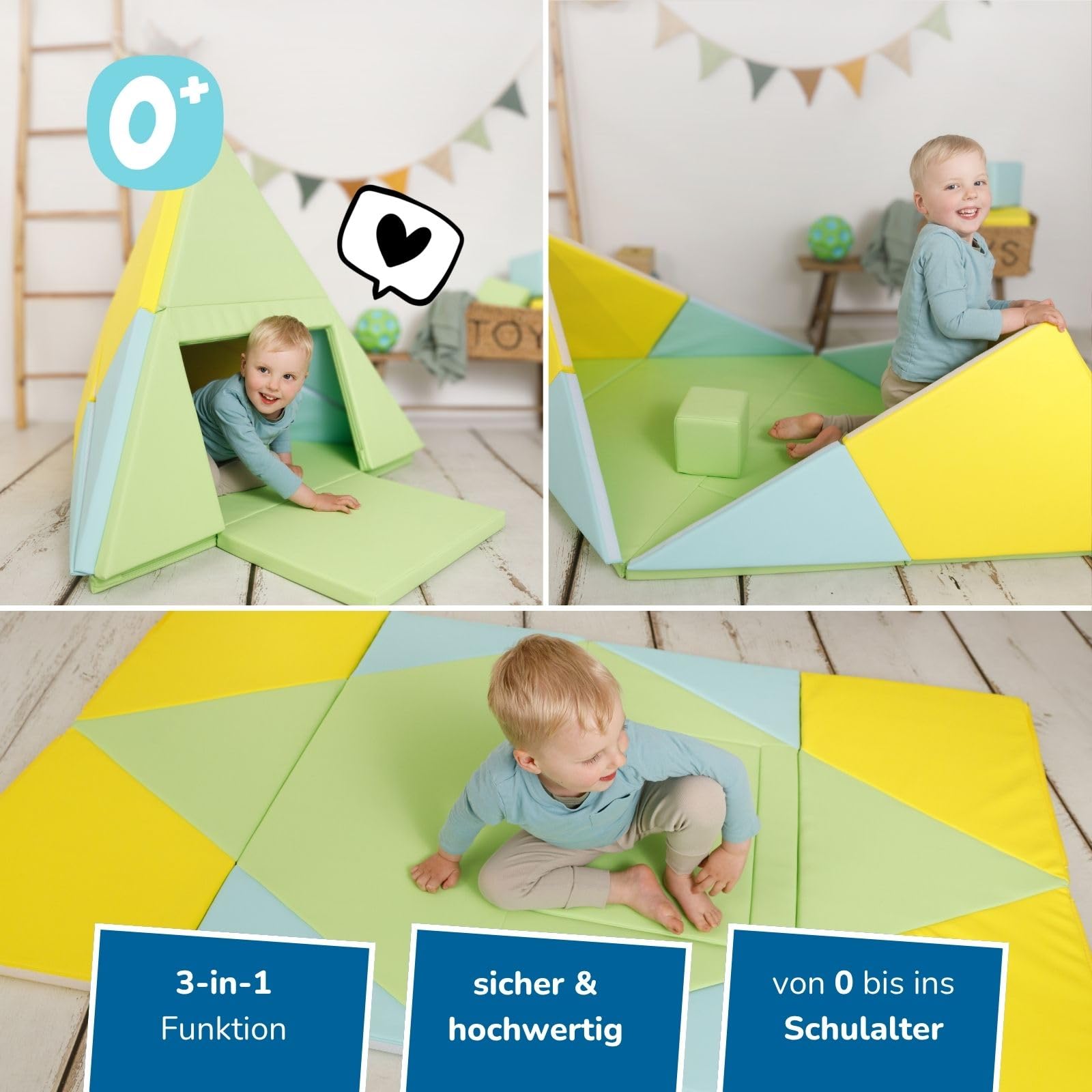 alldoro Faltbare Spielmatte 3-in-1, Krabbelunterlage, Tipi-Zelt & Spielboot | abwaschbares Kunstleder, weich gepolstert, 182 x 105 cm, Krabbelunterlage, Tipi-Zelt & Spielboot, Für Kinder ab 0 Jahren