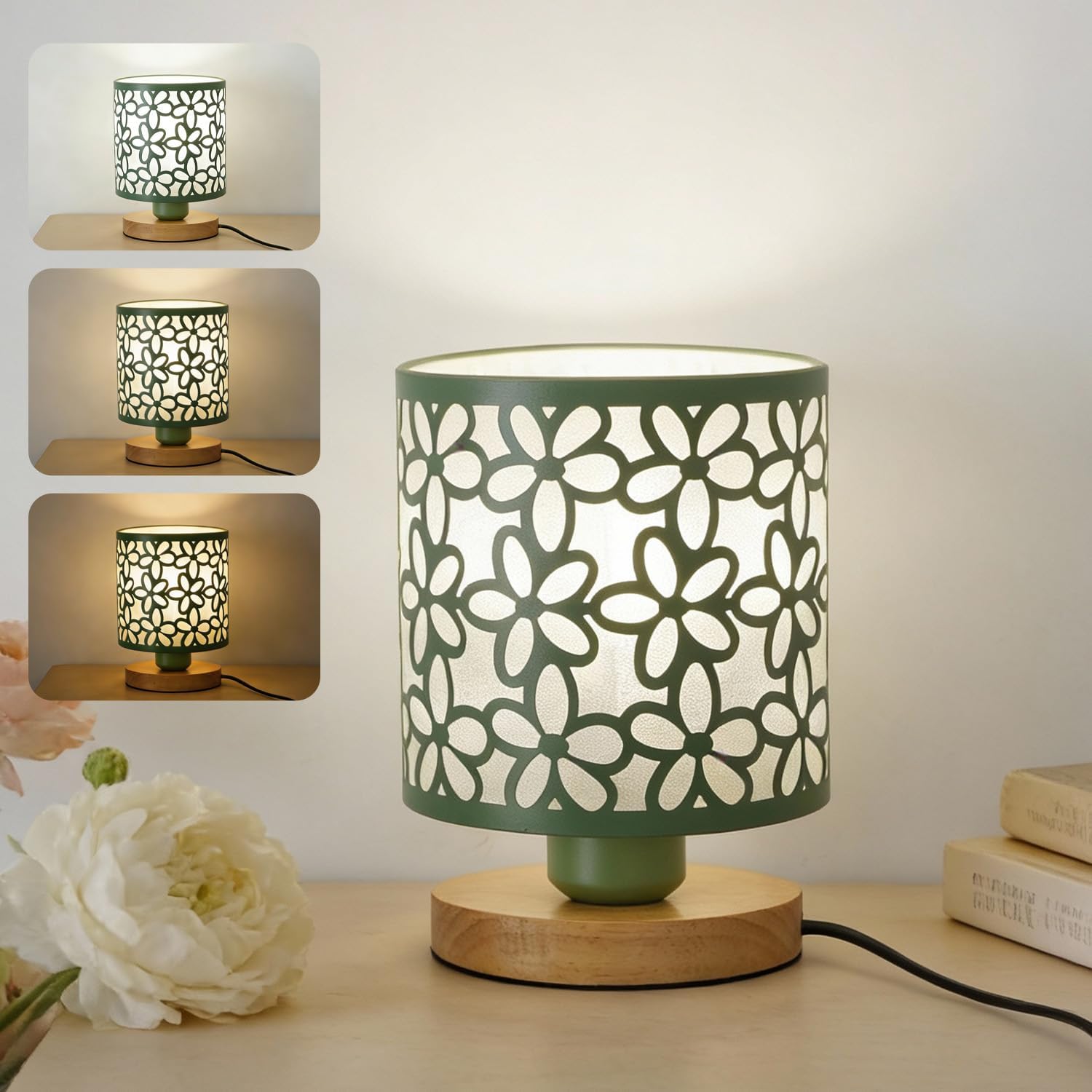 Green Small Table Lamp, LED Floral Hollowed- Out Metal Bedside Night Light with 3 Color Temperatures for Bedrooms, Living Rooms, Offices, Dorm, Home Decor