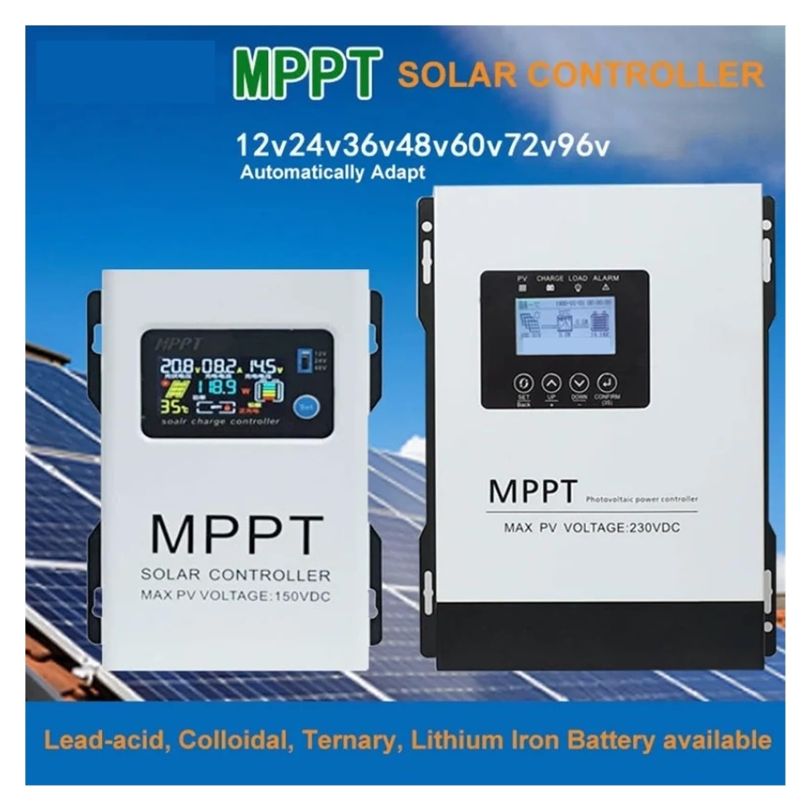 150VDC Inteligentny regulator ładowania solarnego MPPT | Zapewnia czytelny ekran LCD, automatyczna regulacja; do systemów solarnych z bateriami LiFePO4 i litowymi.