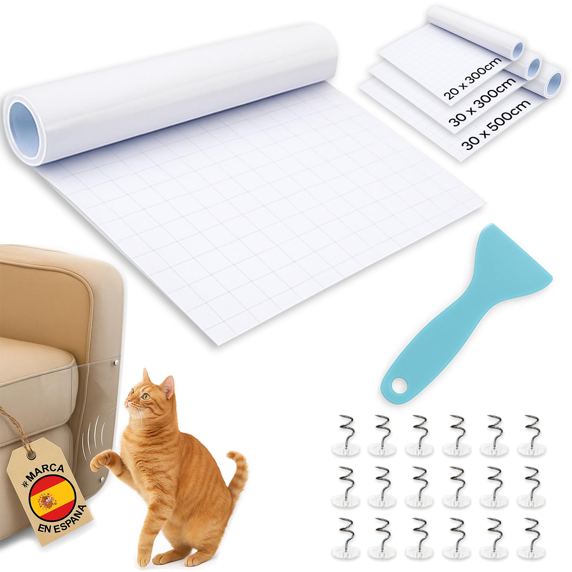 PEPPER® Protector Sofa Gatos Arañazo 20 x 300cm + 20 Pines de Tapiceria y Espátula Adhesiva para Facilitar su Instalación | Protector de Sofa Anti Gatos | Protector Muebles y Puertas Antiarañazos.