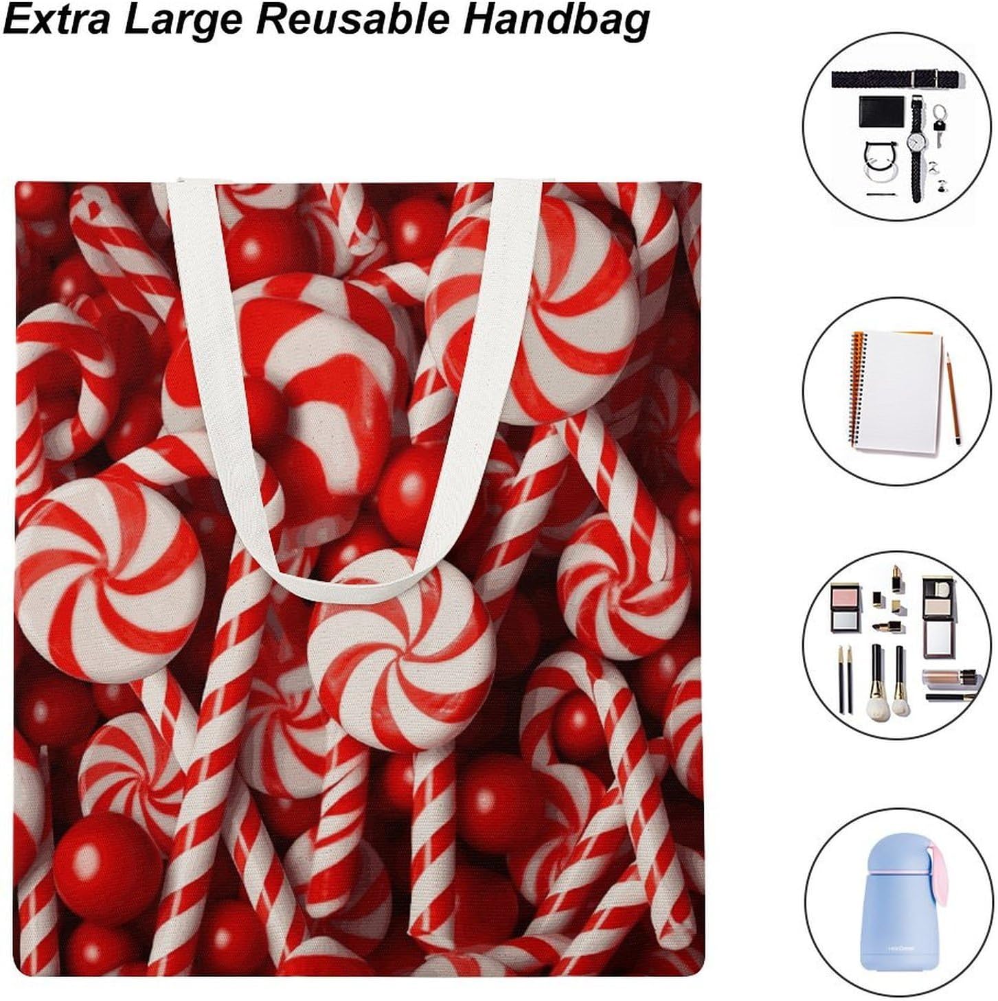 Canvas Tote Bag 16x15 In Lightweight Foldable Shoulder Hobo Purse | Candy Canes, Casual Tote with 10" Strap, Everyday Carryall, for Travel Work Grocery Shopping Beach Mark Gym Yoga