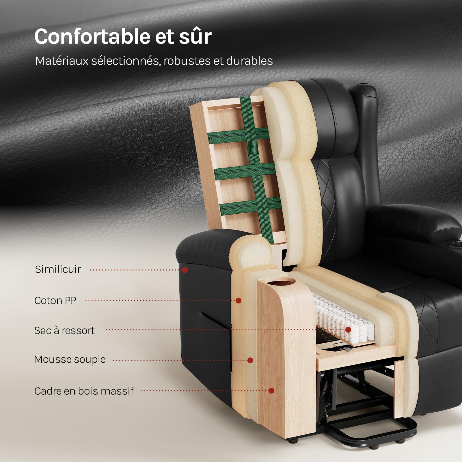 WOLTU Fauteuil Relax Électrique, Fauteuil Massant, Aide à la Verticalisation, Massage, Chauffage, Repose-Pieds, Poches, Porte-gobelet, Port USB, PU, Noir, SKS62sz