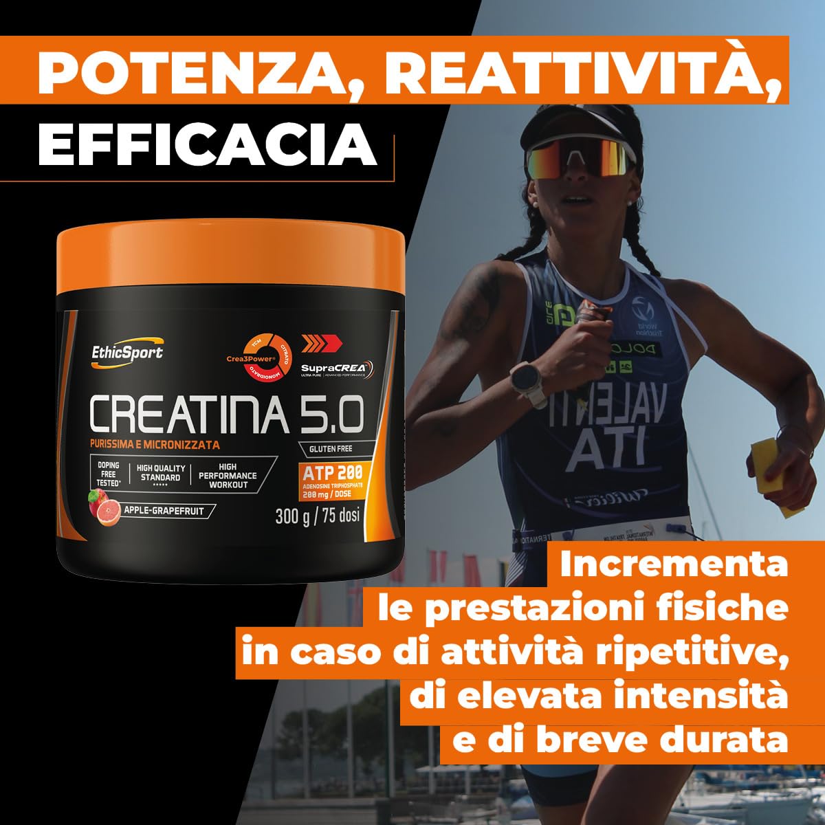 EthicSport CREATINA 5.0 – Creatina evoluta a base di SupraCREA®, con Crea3Power e ATP 200mg – Incrementa le prestazioni fisiche in attività brevi e intense** – doping free tested – 300g