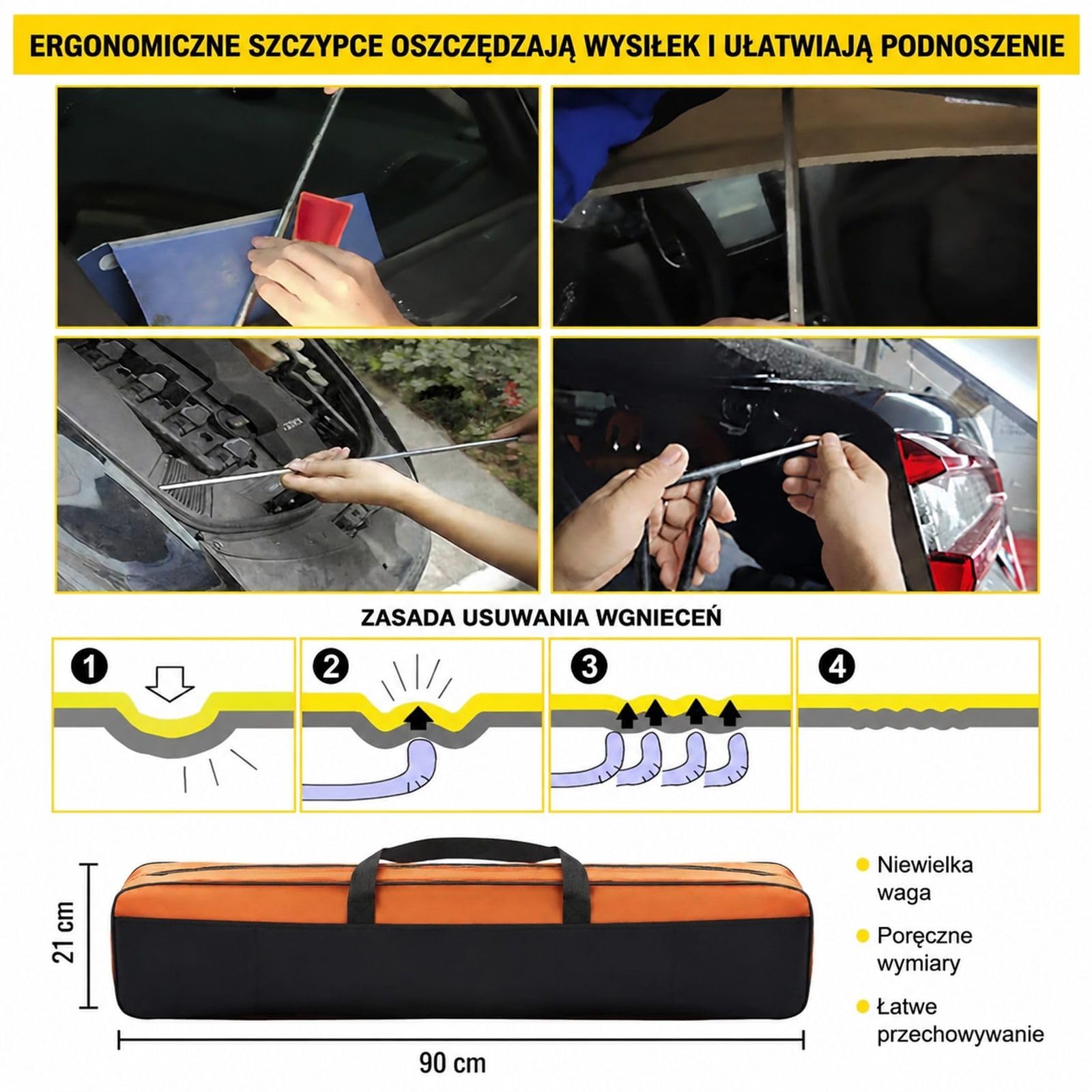 21-częściowy zestaw do usuwania wgniotów ze stali nierdzewnej, bez lakierowania, z prętami, po gradzie