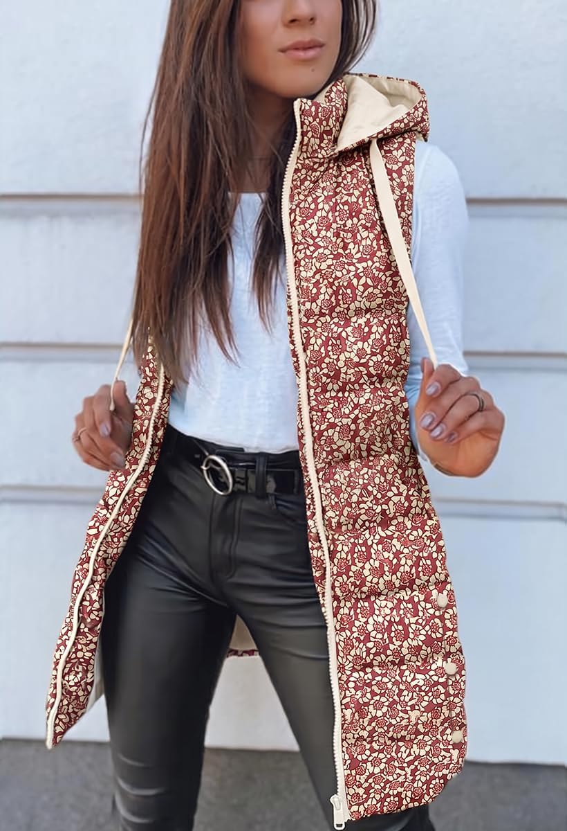  Women Long Vest Sleeveless Hood Winter Puffer Vest Outwear thumbnail