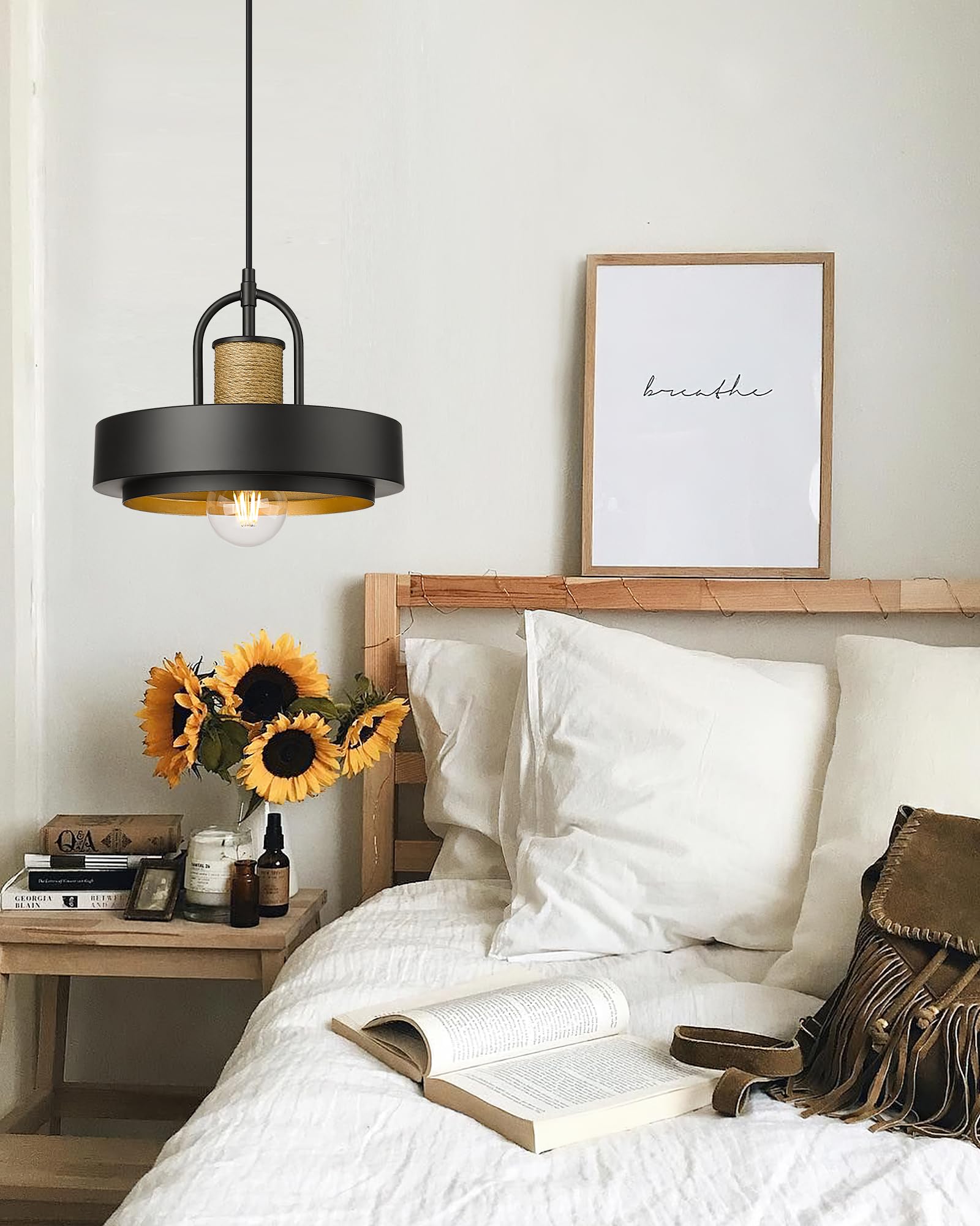 Black Pendant Light Fixture, HWH 1-Light Barn Hanging Lighting 12-Inch, Farmhouse Pendant Lights for Kitchen Island, Hemp Rope Coastal Lighting, 5HJF84MIL BK