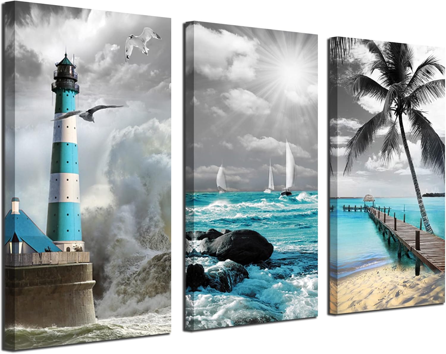 Acocifi Large Seascape Wall Art Teal Blue Ocean Canvas Coastal Tropical Pictures, Lighthouse Sailboat Palm Tree Paintings Artwork Framed for Living Room Bedroom Bathroom Office Home Decor 16"x32"x3 16"x32"x3 panels ocean lighthouse canvas