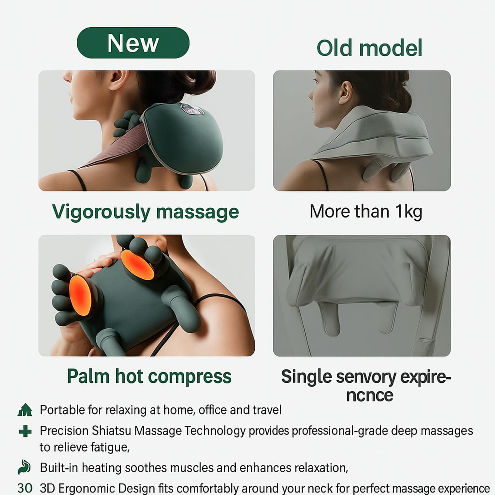 Comparison of new and old massager models, highlighting the ergonomic design and weight