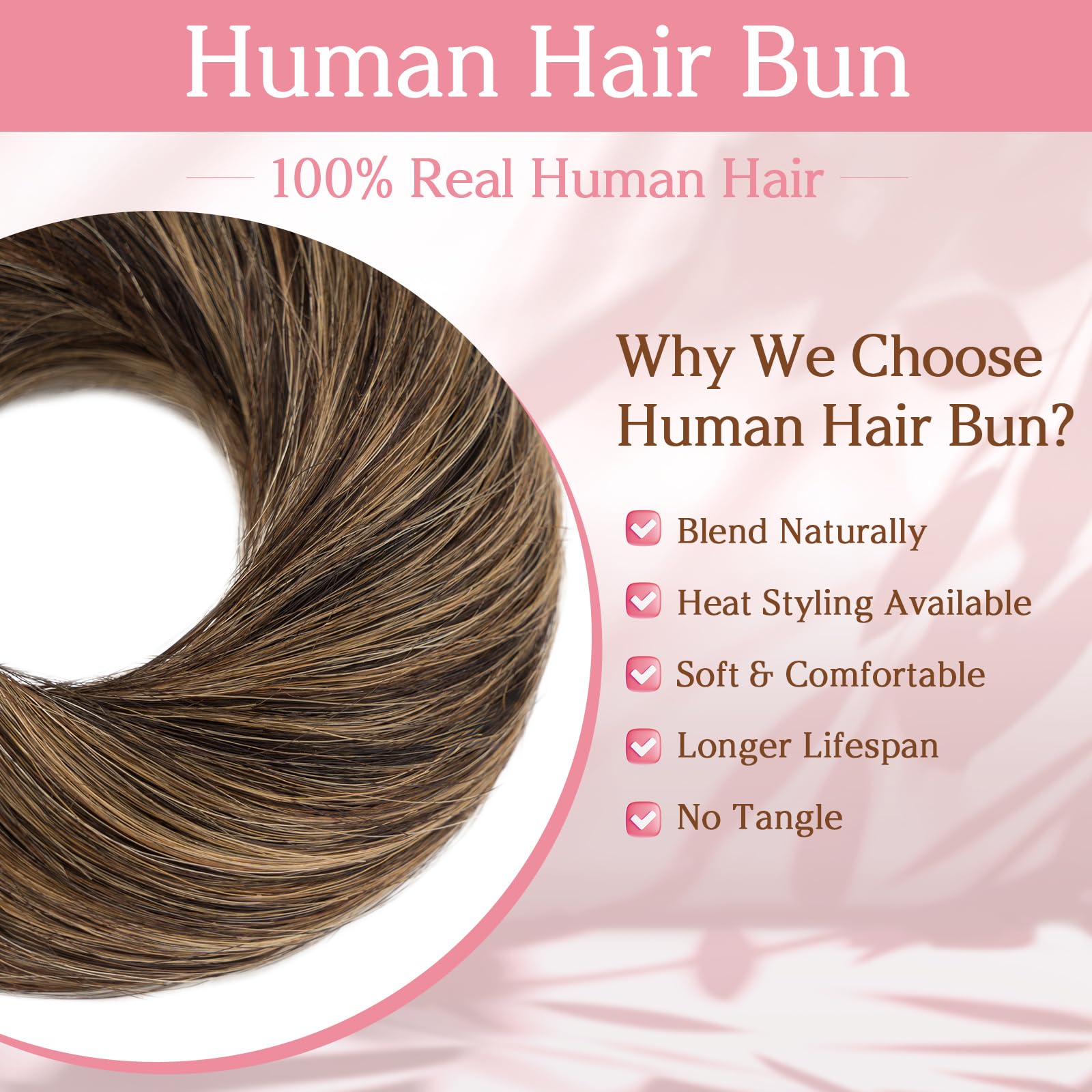 Benehair Real Hair Scrunchies for Women Straight Human Hair Bun #1B/6 Natural Black Mix Light Brown Elastic Donut Chignons Ponytail Extension Easy to Wear for Busy Daily 17g - Image 3