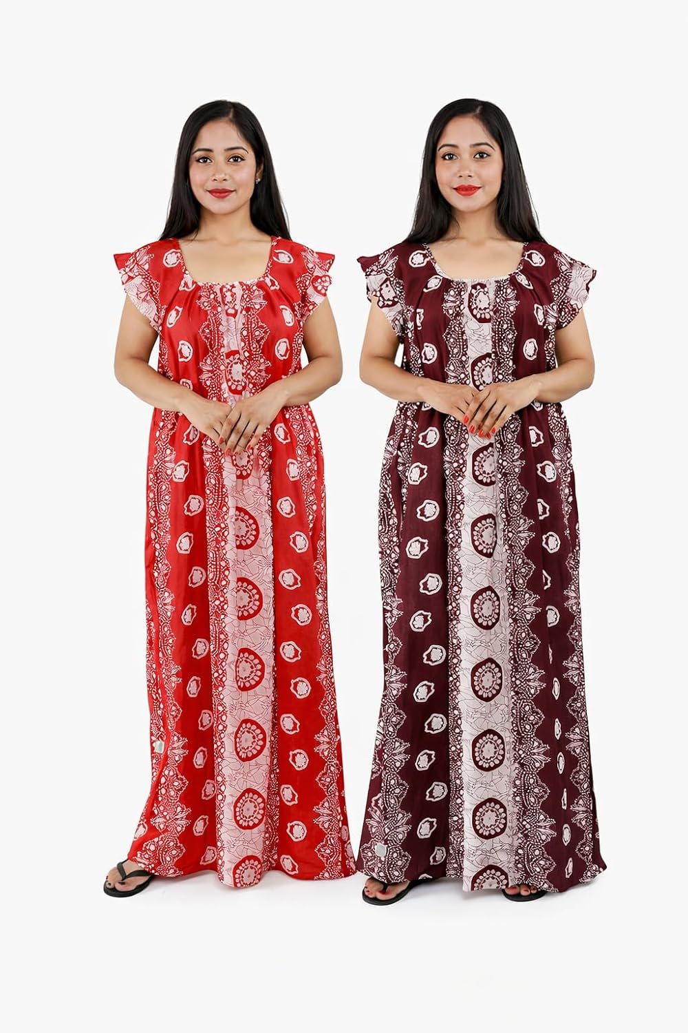 BDROX Women’s Cotton Printed Maxi Nighty – Soft Breathable Full Length Lounge Wear House Dress with Flutter Sleeves