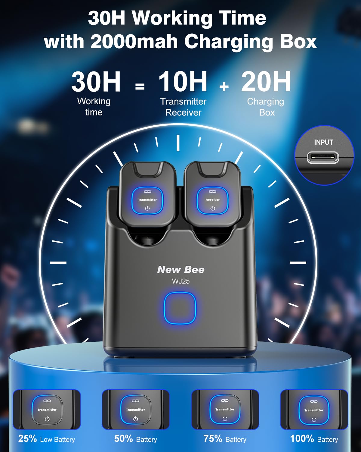 New Bee Sistema di chitarra wireless 5.8G con scatola di ricarica, suono ad alta fedeltà, ricevitore trasmettitore audio a 6 canali per chitarra elettrica, basso