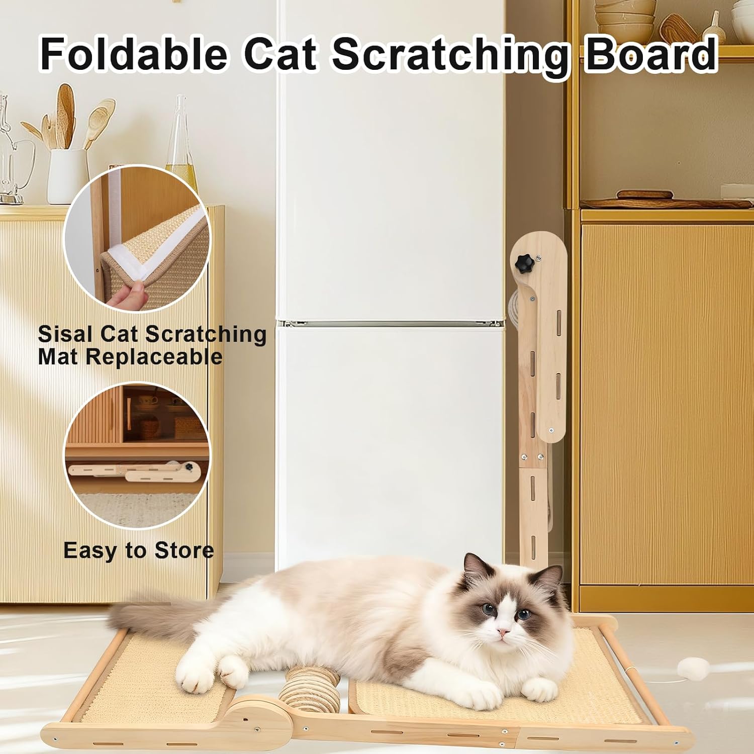 L Shaped Cat Scratching Post, 23.2" Tall Sisal & Wooden Base Cat Scratcher Board for Indoor Cats, Sturdy Vertical Cats Scratching Pad Protects Furniture