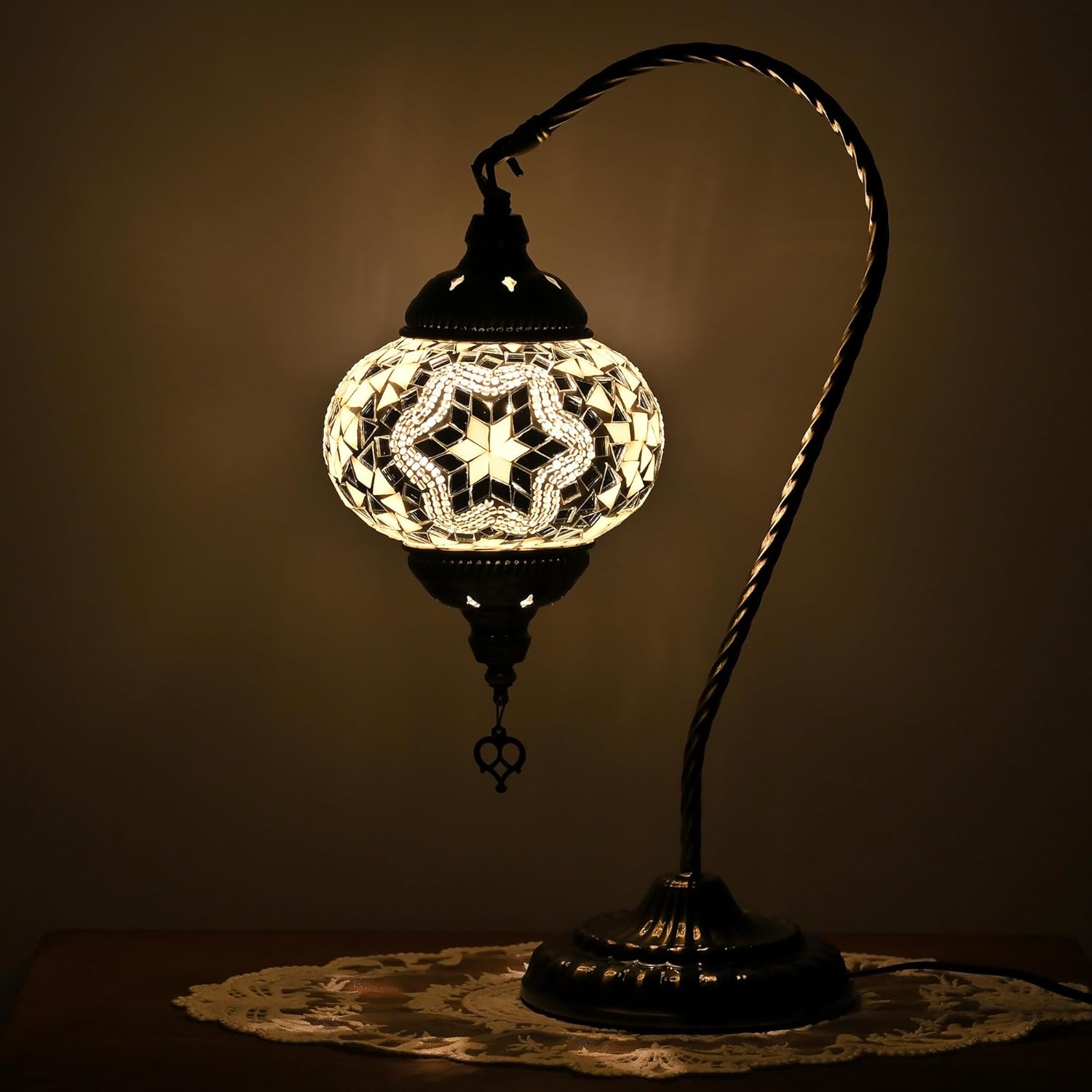 GOGERS Swan Neck Turkish Moroccan Lamp Handmade Stained Mosaic Glass Vintage Lamp Shade Bohemian Tiffany Style Bedside Night Lamp Lighting for Bedroom Living Room (White1)