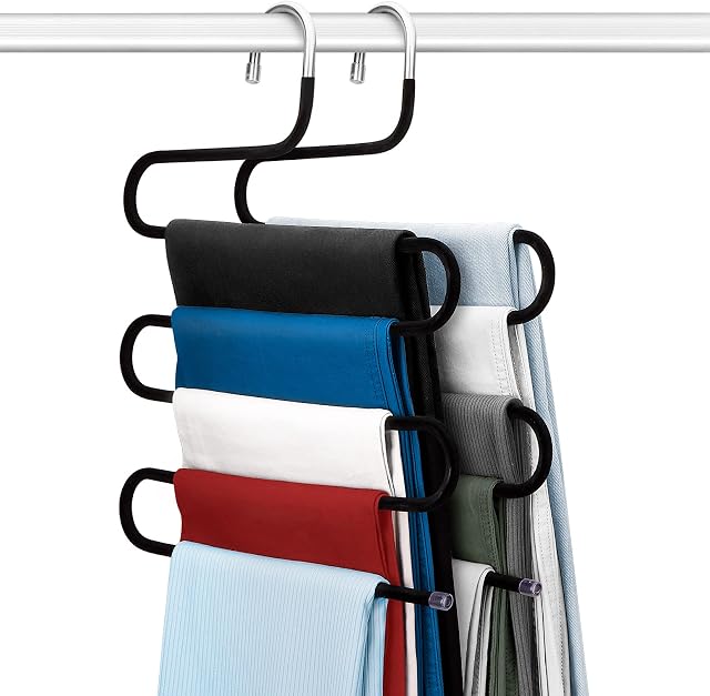 Velvet hangers2 Pack Trouser Hangers Space Saving hangers for clothes S-Type 5-Bar coat hangers with velvet multi trouser hangers non-slip pants hangers for Trousers Scarfs Jeans Clothes Towels