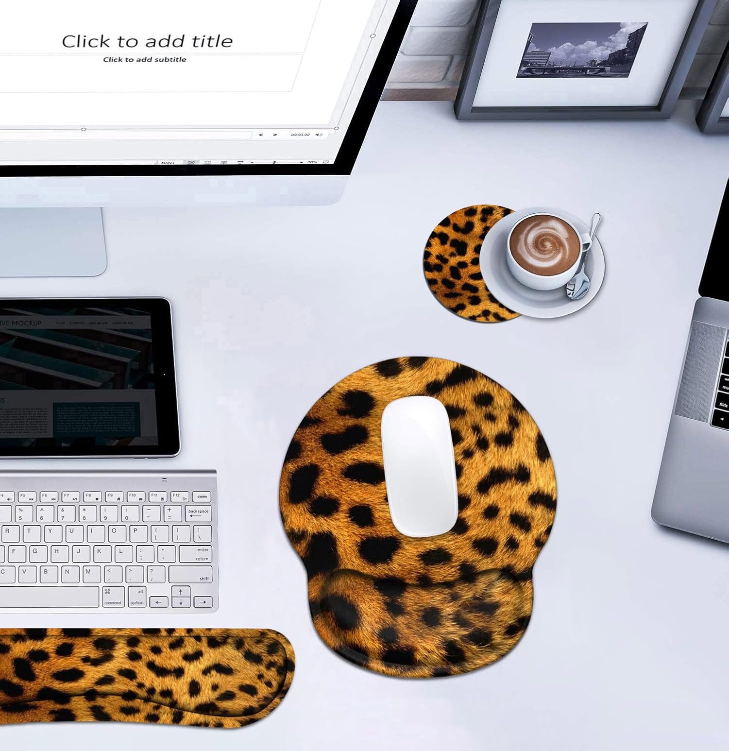 Keyboard Wrist Rest and Mouse Wrist Rest Pad Set with Coasters, Ergonomic Support, Non-Slip PU Base, Easy Typing and Relieve Wrist Pain, Perfect for Home Office Working Studying, Leopard Print