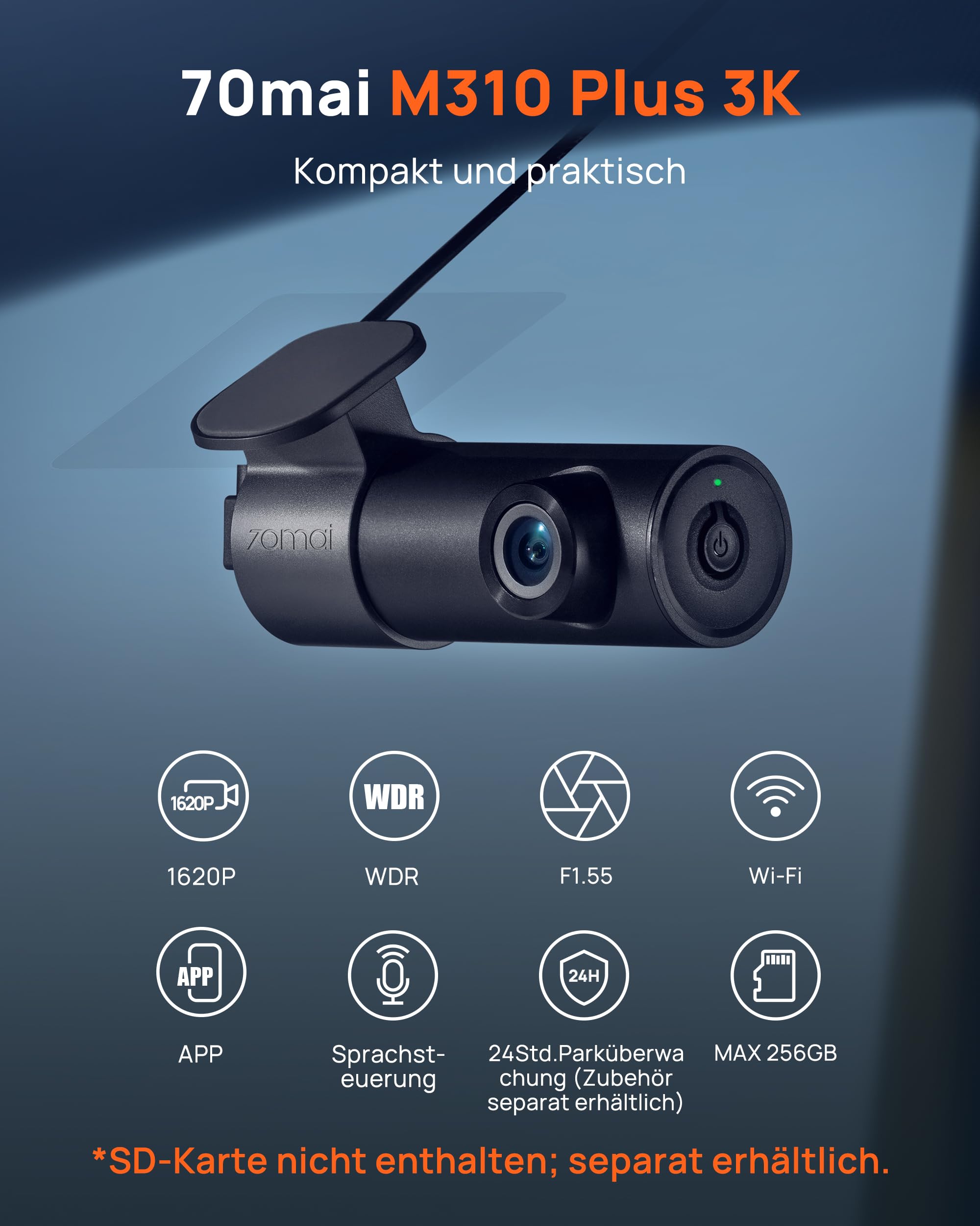70mai M310 Plus 3K Mini Dash Cam für Autos, 1620P WDR WiFi Autokamera | Super Nachtsicht, 24-Stunden Parküberwachung mit App-Steuerung, Schleifenaufzeichnung Kollisionserkennung, Max. 256 GB