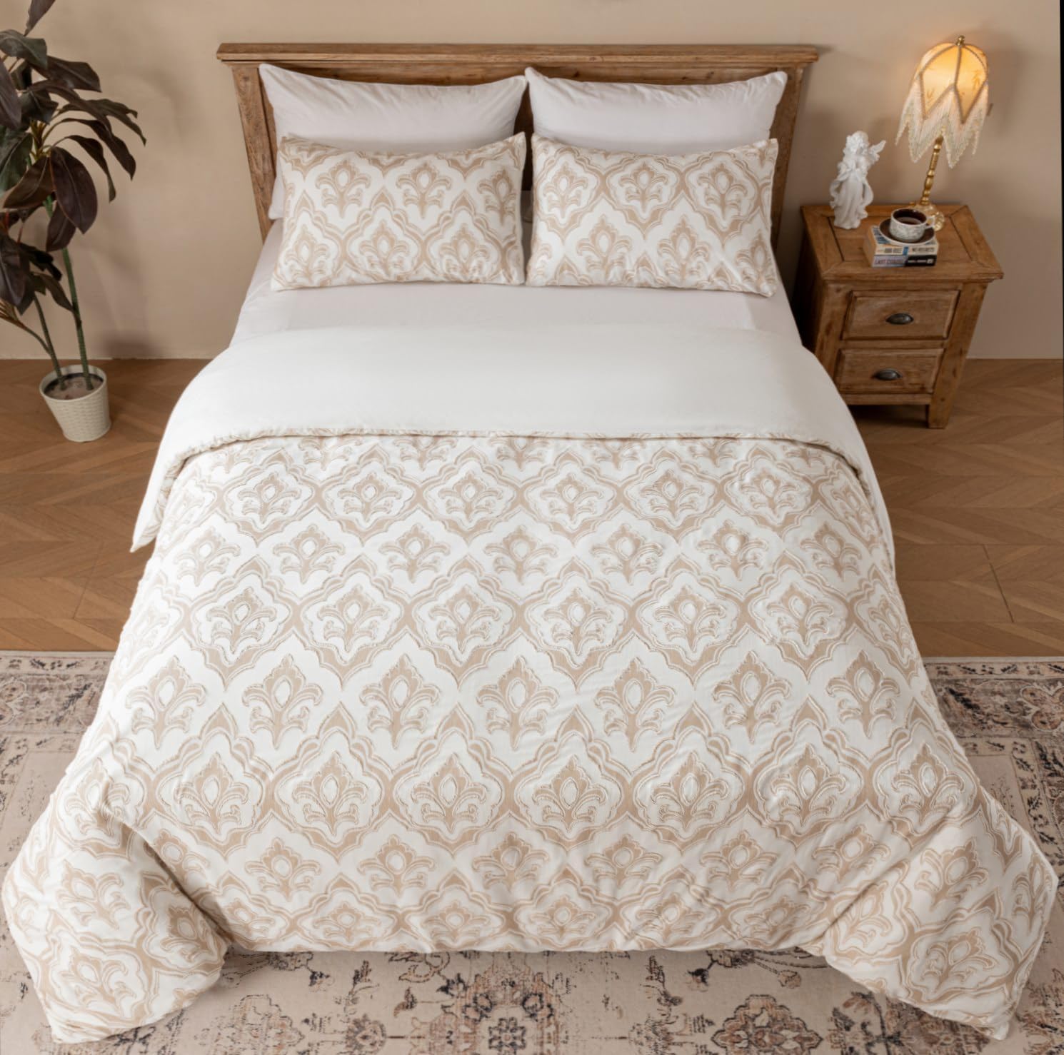 Cotton Floral Clipped Jacquard Duvet Cover Queen Size Bedding Set, Soft Textured Comfy Breathable Jacquard Comforter Duvet Cover with 2 Pillow Shams, Button Closure&Corner Ties, Khaki Color