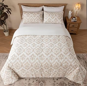 Cotton Floral Clipped Jacquard Duvet Cover King Size Bedding Set, Soft Textured Comfy Breathable Jacquard Comforter Duvet Cover with 2 Pillow Shams, Button Closure&Corner Ties, Khaki Color