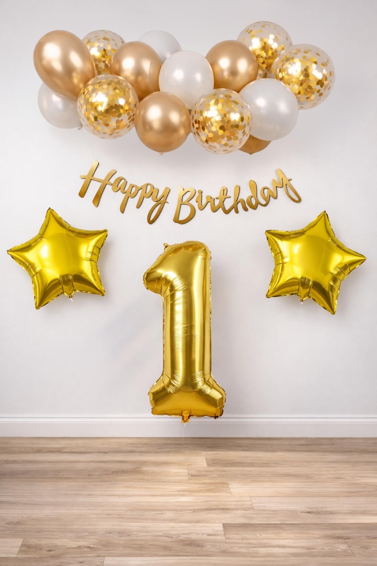 Gold Konsept Doğum Günü Kutlama Seti; Beyaz Gold Konfetili Balon, Rakam Yıldız Folyo ve Banner (1)