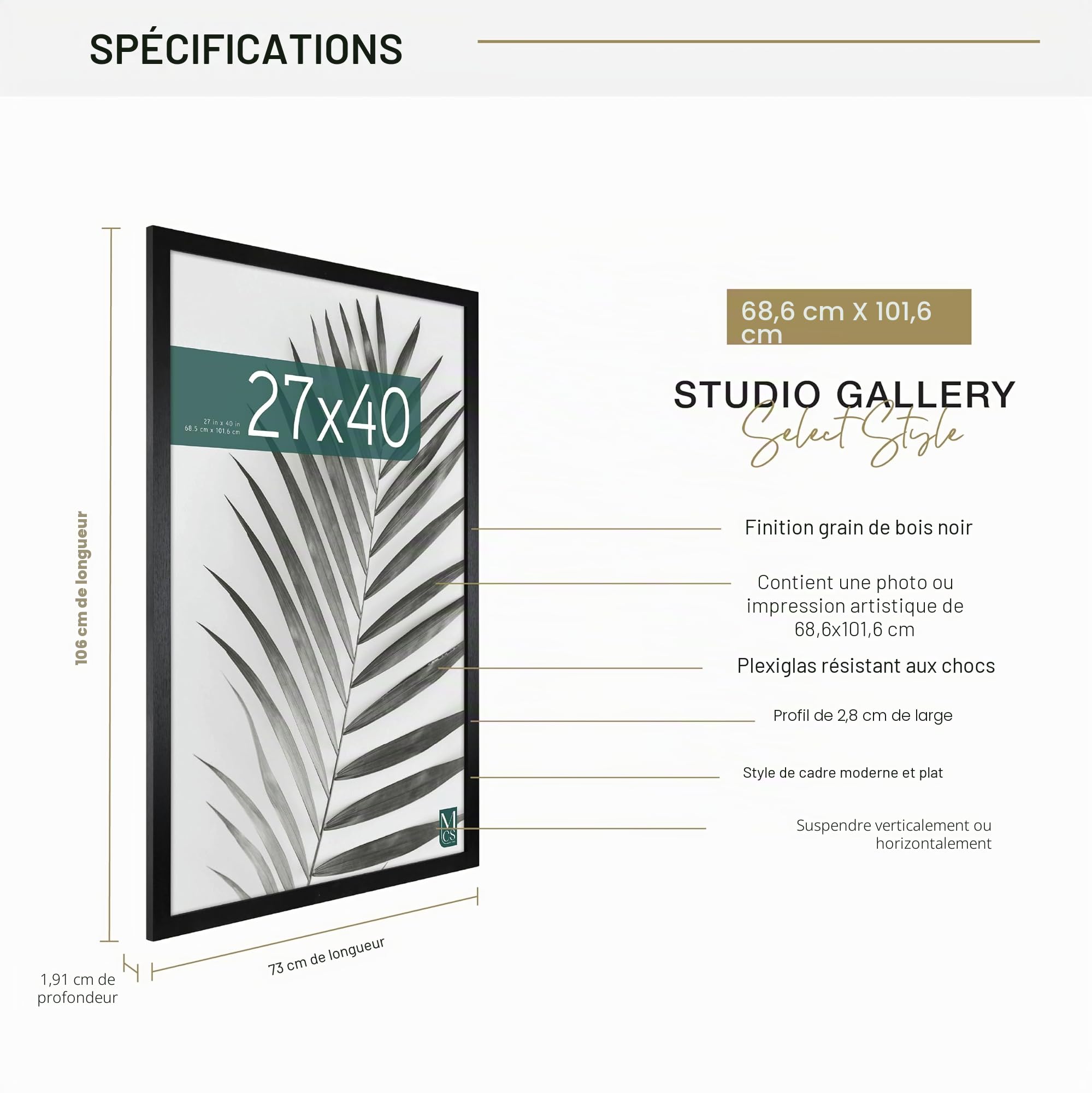 Cadre Poster de Cinéma MCS Studio Gallery 68,6 x 101,6 cm, Aspect Bois Noir, Bois MDF, Fixation Murale Verticale et Horizontale, Grand Cadre Photo pour Affiches de Films et Œuvres d'art (Lot de 1)