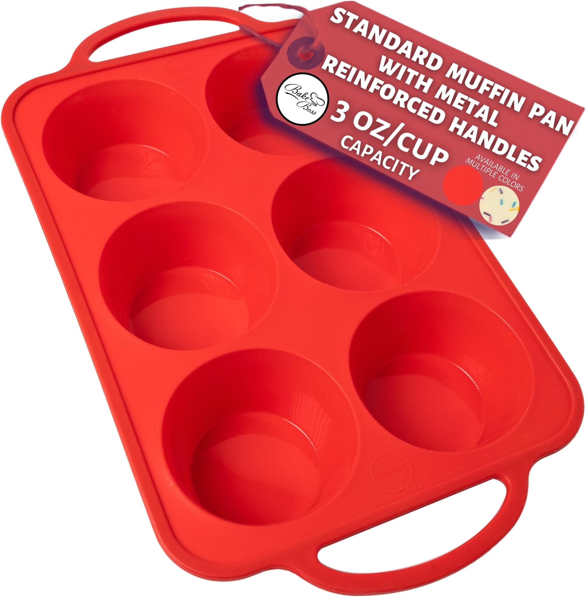 Regular Size 6 Cup Muffin Pan – Silicone Muffin Pans for Baking with Metal Handles – Nonstick Silicone Cupcake Pan, Easy-Release, BPA-Free Muffin Tray, Oven & Dishwasher Safe – Red