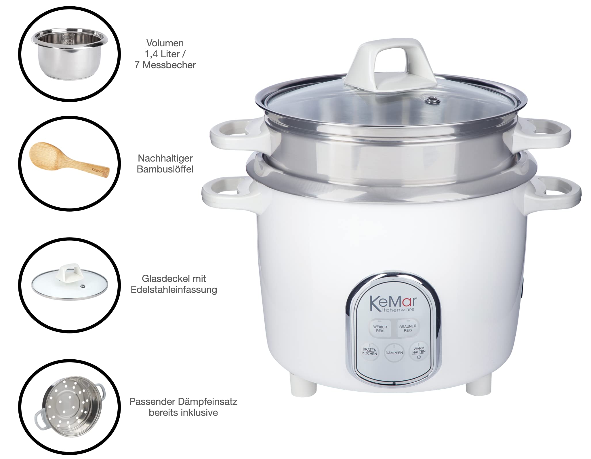 KeMar Reiskocher (5 Programme, 1,4L, 500W, Weiß) 7 Messbecher, Edelstahltopf & Glasdeckel - inkl. Dämpfeinsatz, Dampfgaren - Edelstahlschüssel, spülmaschinengeeignet, Warmhaltefunktion, KRC-175
