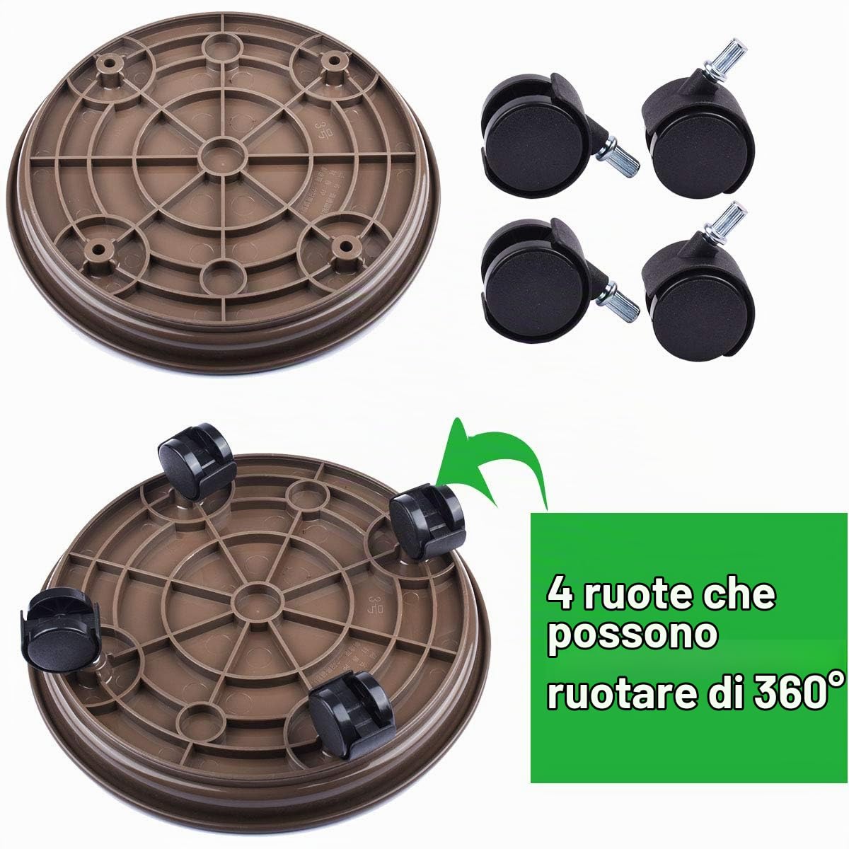 3 Pezzi 33 cm Carrello portapallet in plastica Supporto per Piante Rotondo portavasi, rotelle per Pallet ad Alte Prestazioni con Ruote (Marrone)