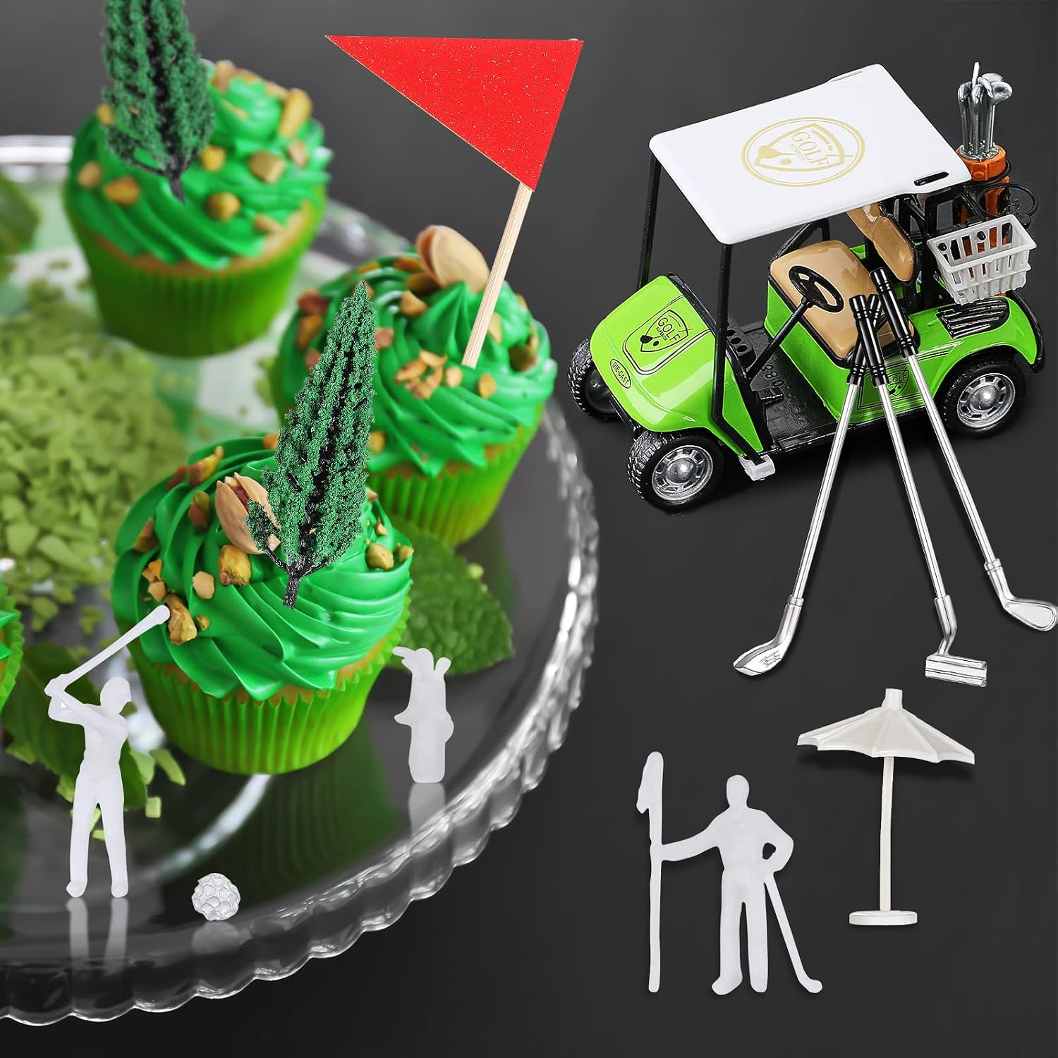 Moxweyeni 21 Pcs Golf Cake Topper Set, Golf Themed Cake Decorations with Cart, Clubs, Balls, Trees, Sun, Pennants and Umbrellas, Perfect for Golfer Birthday Party Supplies