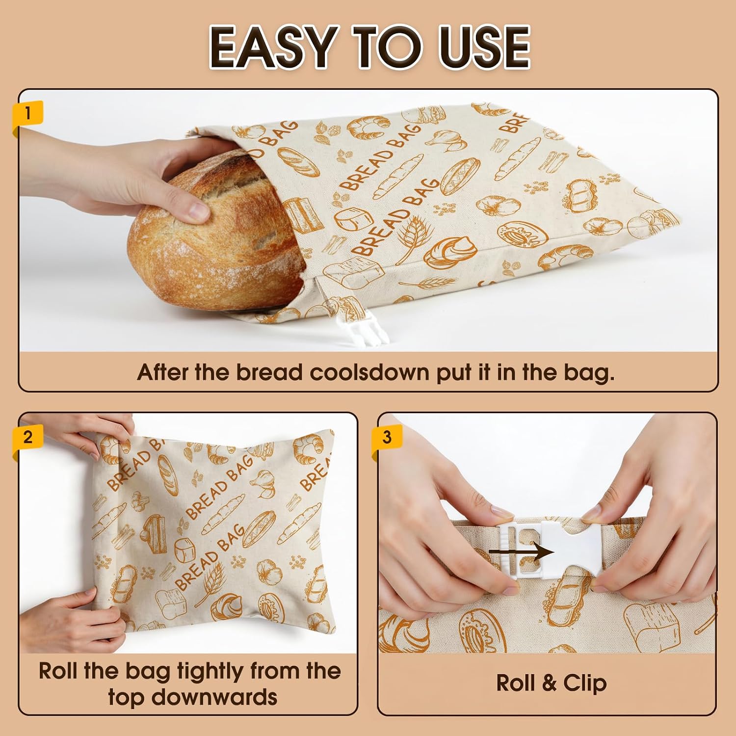 2 Pack Reusable Bread Bag, Beeswax Bread Bags for Homemade Sourdough Bread,Easy to Clean Cotton Food Storage Cloth Bag,Freezer-Friendly Keeps Fresh Longer XL 17"×12" (Bread Design) image 4