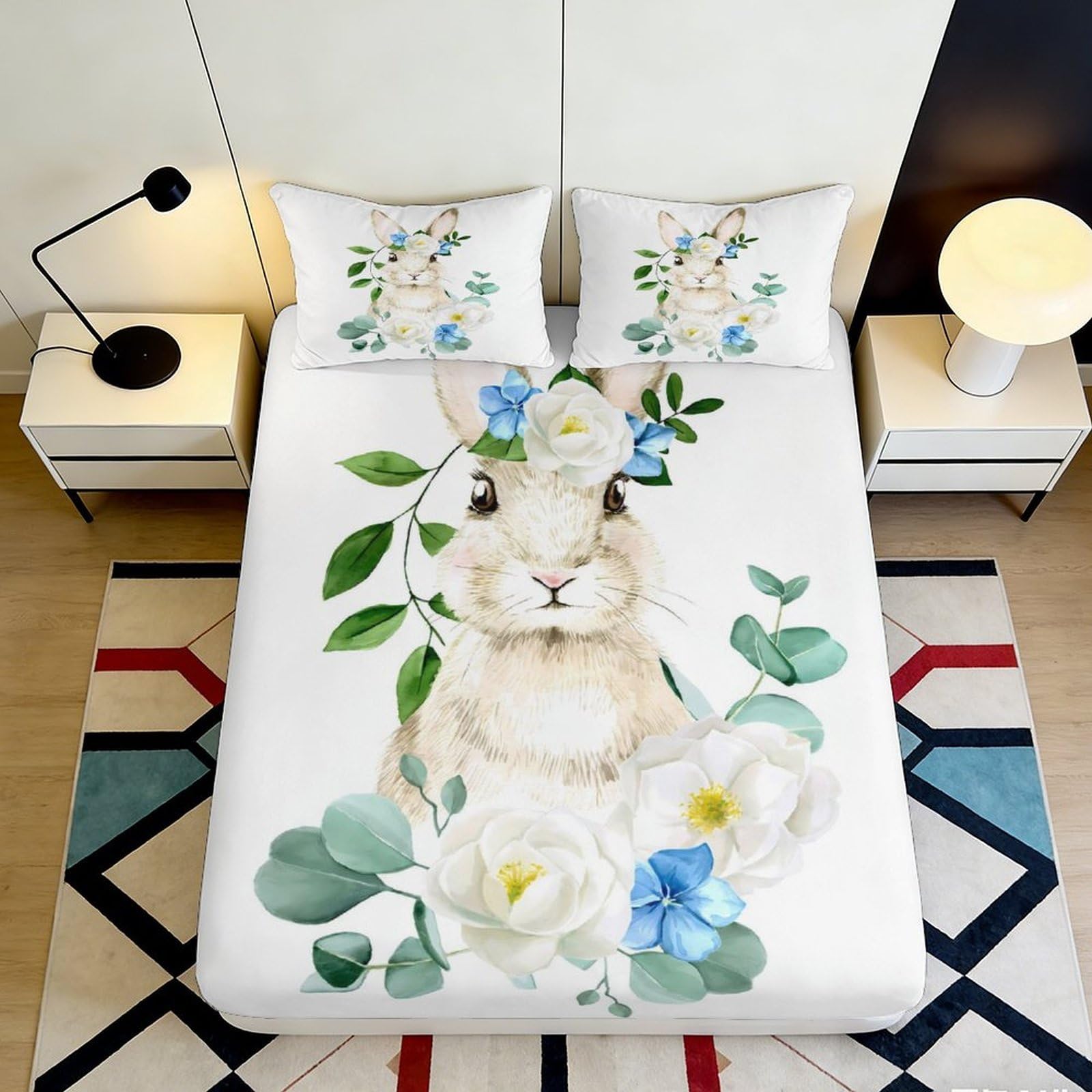 Pnayamiorkfel Style-10 3D Printed Rabbit Floral Fitted Sheet Microfiber Soft Breathable Bunny Flower Bed Sheet For Bedroom Guest Room Decor 90X200x25cm