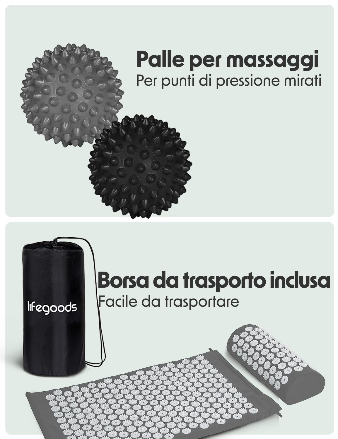 LifeGoods Tappetino Agopressione - Eco - Tappetino Massaggiante Corpo - Tappeto Agopressione - Mysa Tappetino Svedese - Mysa - Sfere da Massaggio e Borsa - Bianco e Grigio