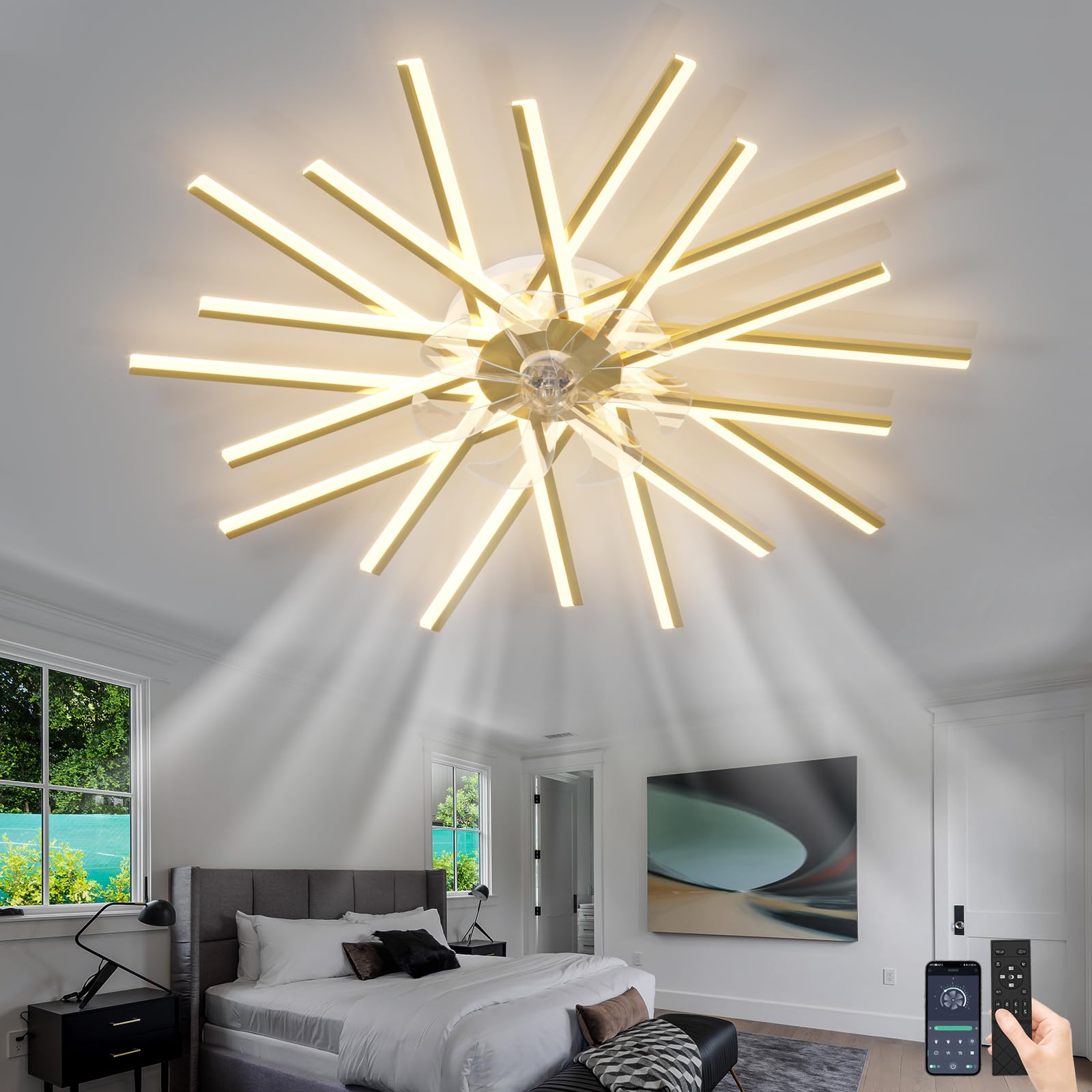 SXDMOUBK 6 Wind Speed Ceiling Fans with Lights and Remote Control Silence Chandeliers Ceiling Light Dimmable Reversible DC Fan Light Ceiling for Living Room Bedroom-Gold||114cm