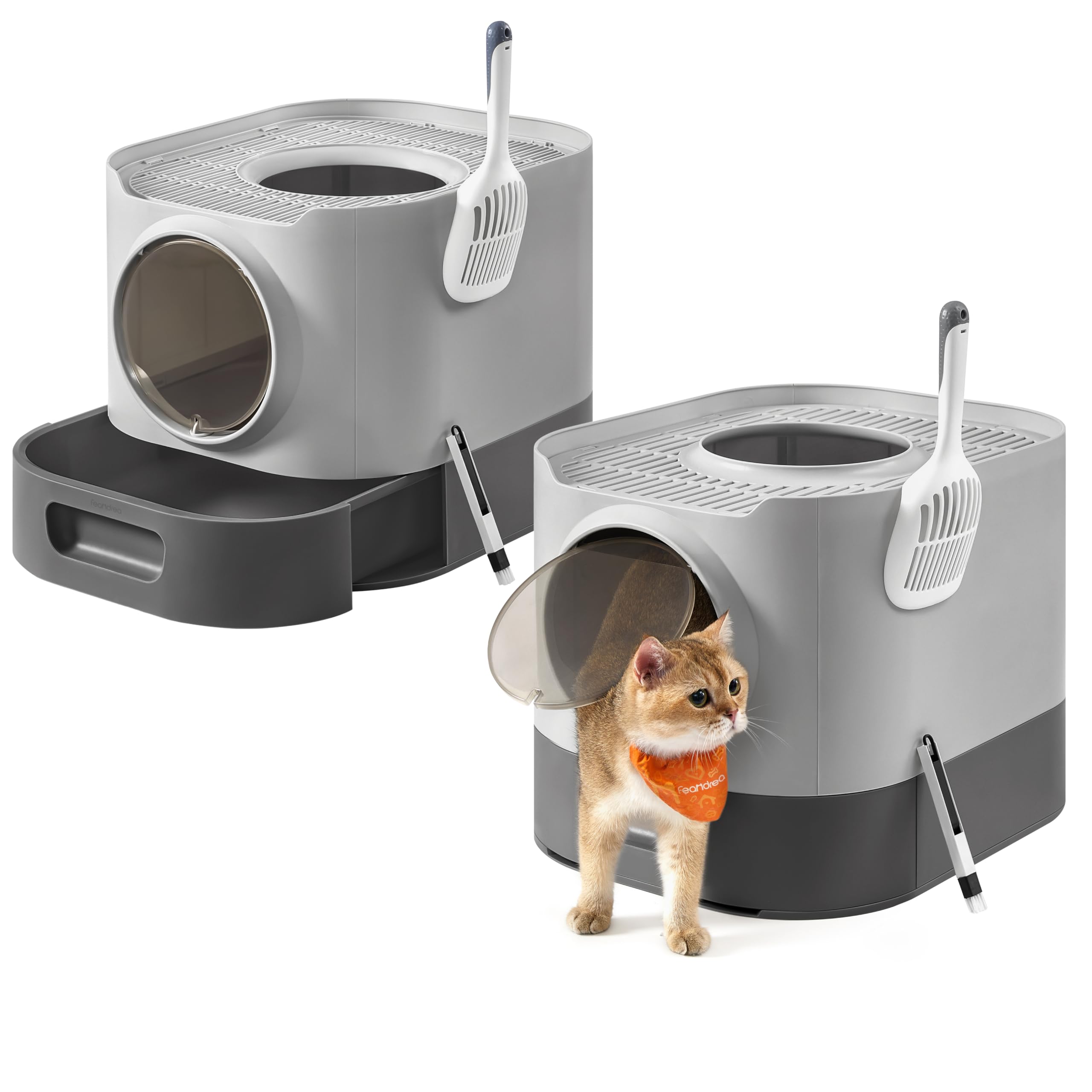 Feandrea Katzenklo 2er Set, Katzentoilette XXL, mit Deckel, ausziehbares Tablett, Schaufel, Bürste, für Katzen verschiedener Größen, weniger Spuren, Taubengrau-schiefergrau PPT002B10