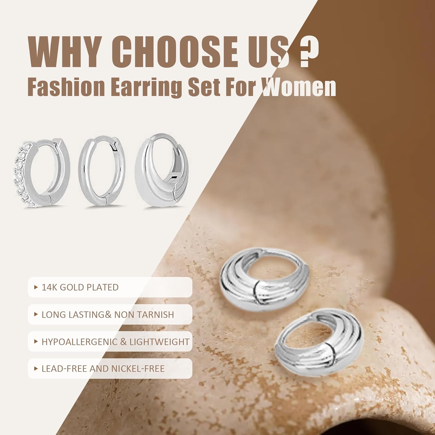 Gold Hoop Earrings For Women,14k gold Plated trendy small lightweight chunky gold/silver hoops earrings set dainty non tarnish waterproof gold/silver earrings pack stack for women - Image 5