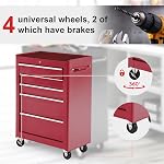 HOMCOM 5-Drawer Rolling Tool Chest, Lockable Tool Cabinet with 4 Universal Wheels, Tool Organizer for Garage, Factory and Workshop, Red