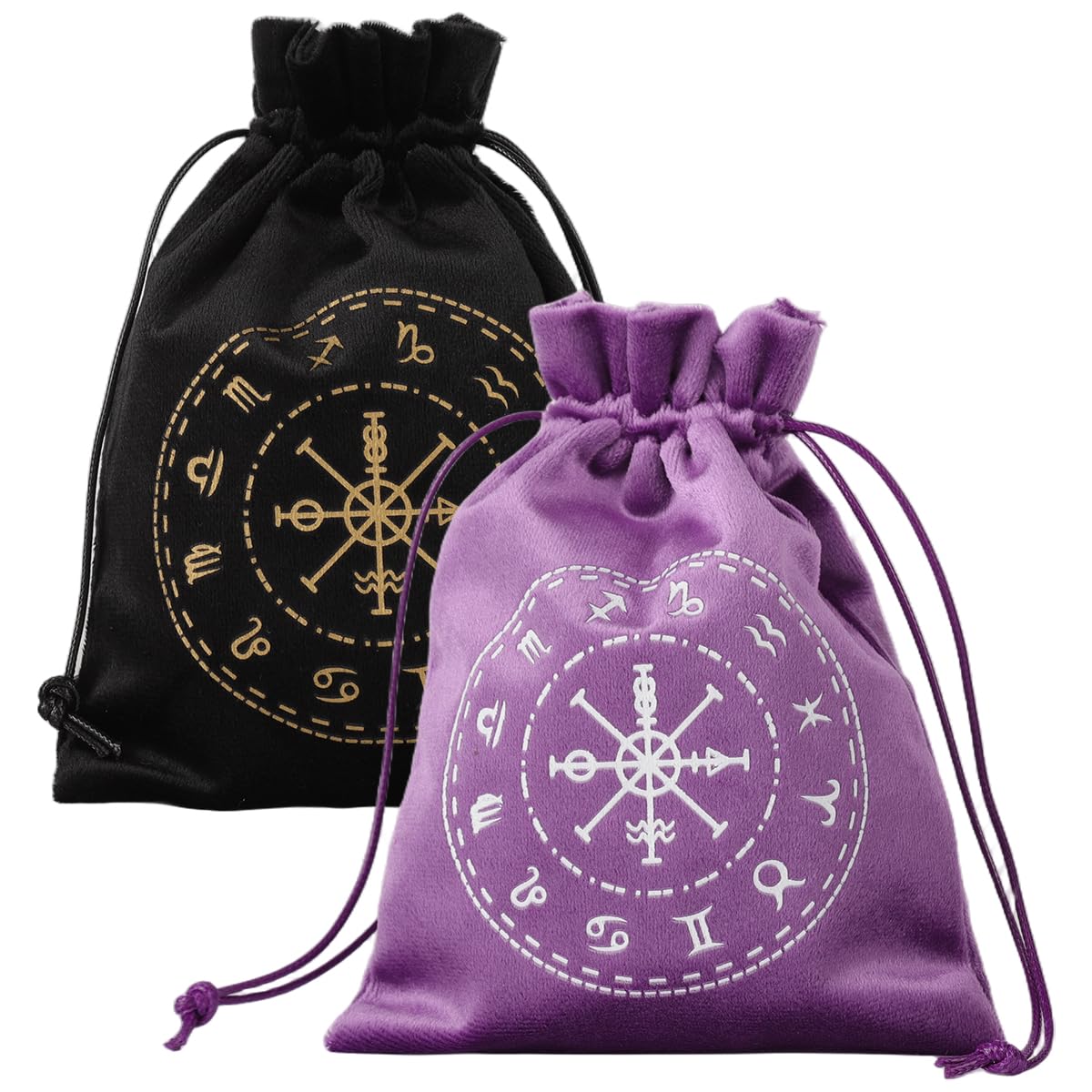 PATPAT® 2Pcs Tarot Cards Deck Drawstring Bags 13x18cm, Black and Purple, Mysterious 12 Zodiac Compass Printed Flocking Fabric Tarot Card Storage Bags, Cards Deck Supplies, Gifting-image-23
