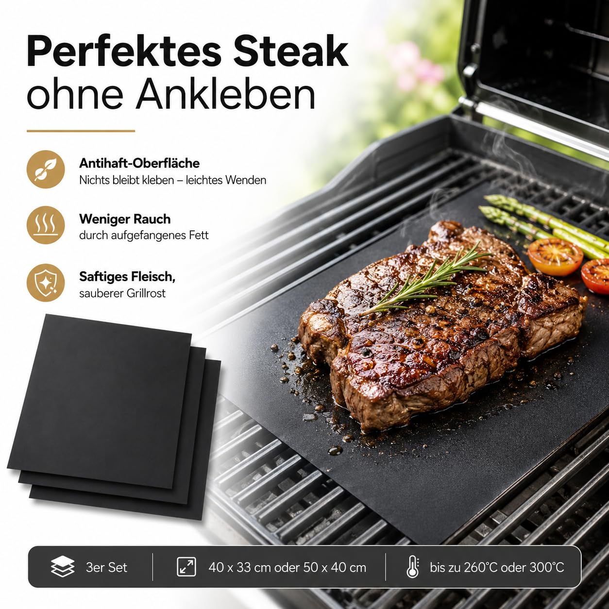 BBQROX maty do grillowania, zestaw 3 szt. (50 x 40 cm do 300°C), zwycięzca porównania 2024, do grilla gazowego, grilla elektrycznego i piekarnika, wielokrotnego użytku, nieprzywierająca podkładka do