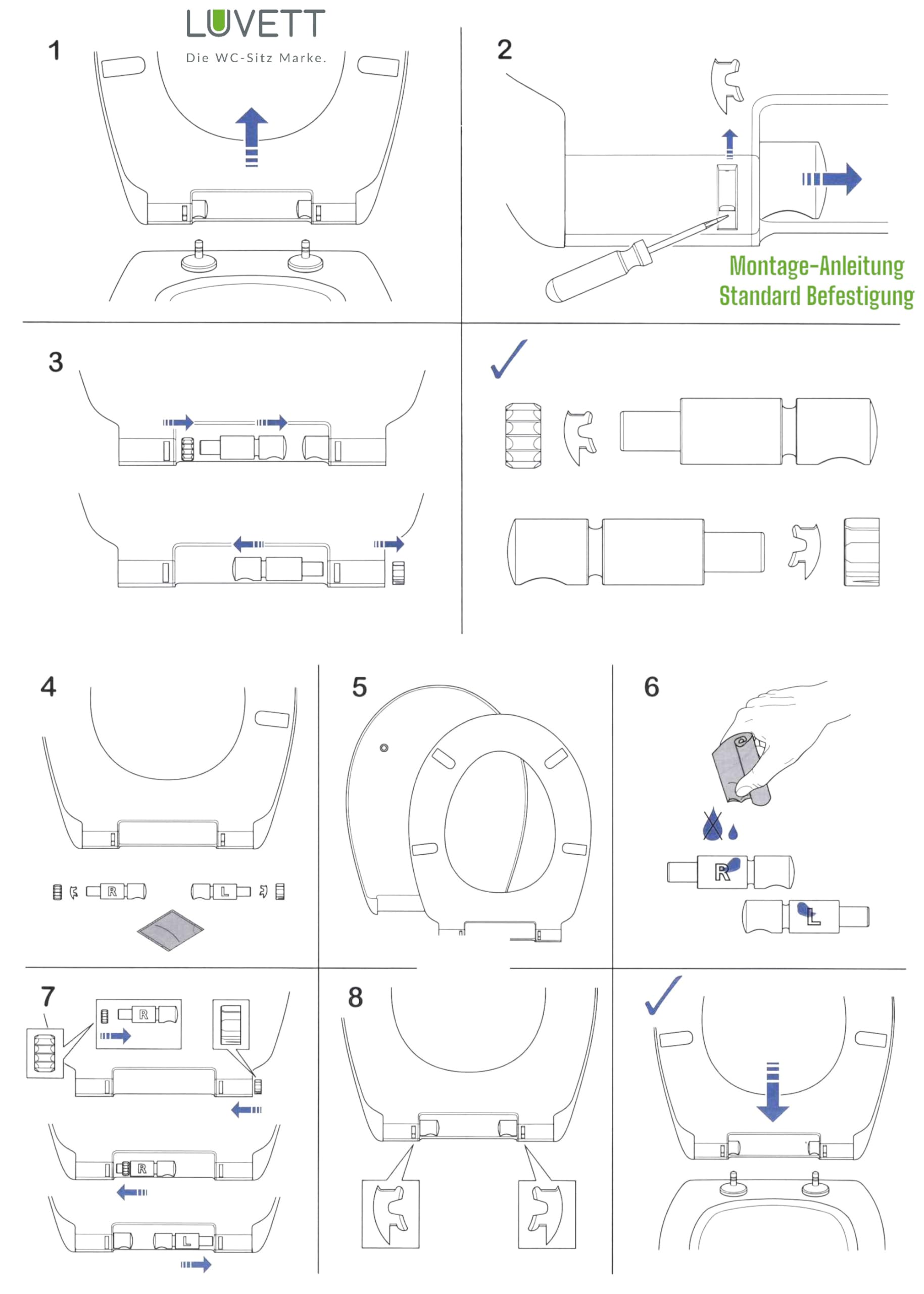SoftClose Dämpfer-Set für WC-Sitz, 2 Stück mit Montagezubehör, Ersatzteil für Absenkautomatik, passend für viele Toilettendeckel von LUVETT, Duravit, Laufen und Villeroy & Boch
