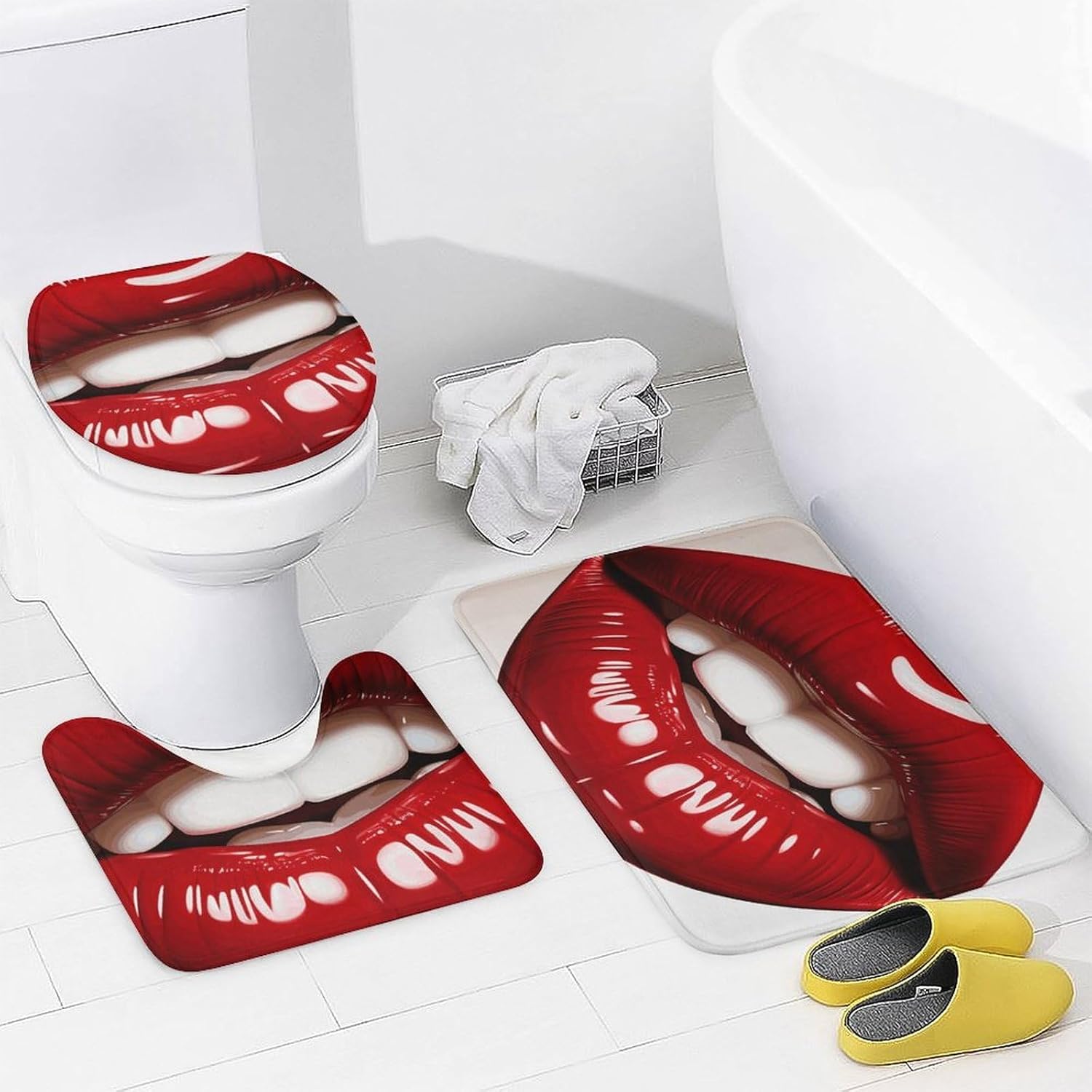 4 Piece Bathroom Rug Set with Shower Curtain, Non-Slip Bath Mat Toilet Cover Set, Cute Graphic Red Lips Bathroom Rug Sets