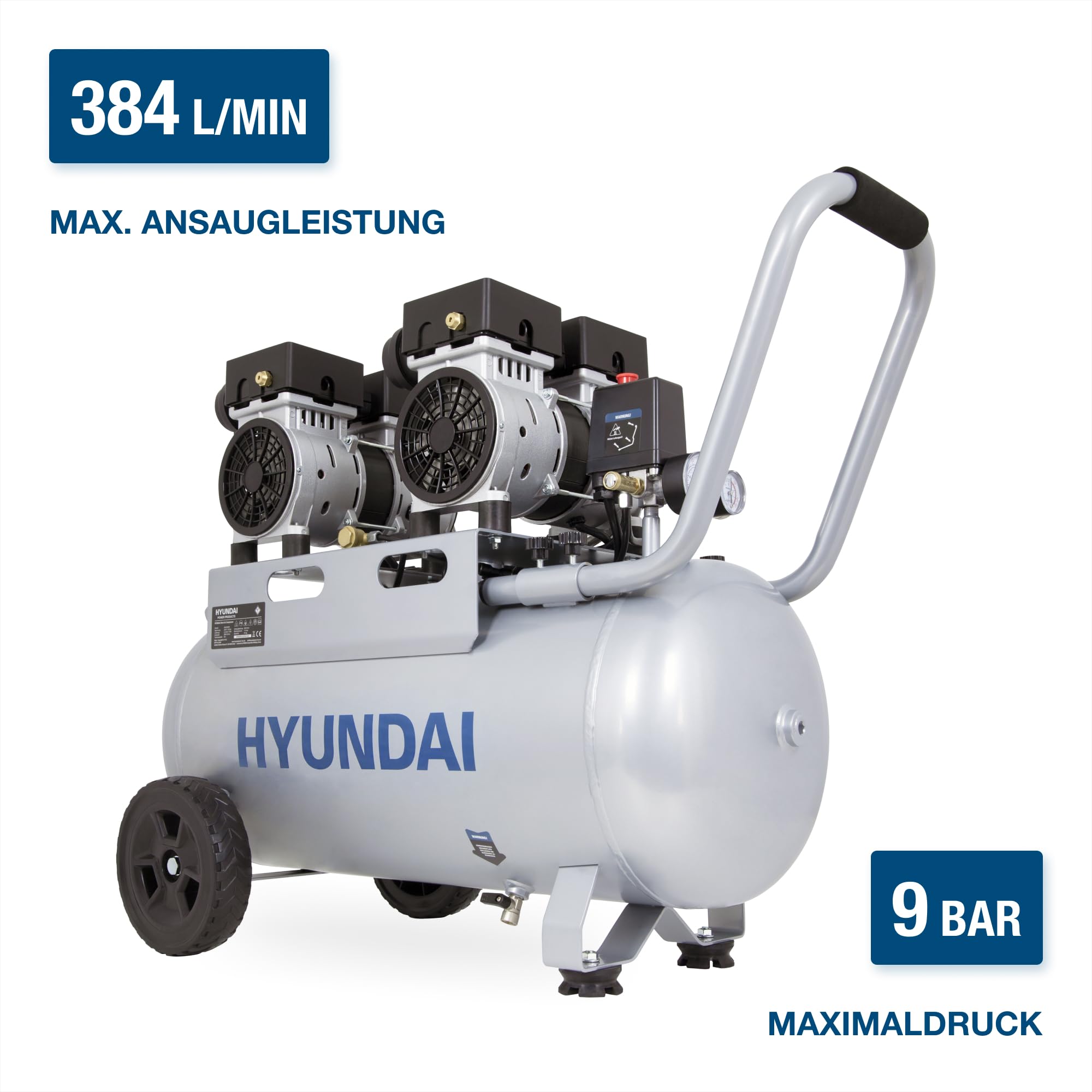 HYUNDAI Silent Kompressor SAC22050 | 50L Kessel | 2.2kW (3PS), 9bar | 384 L/Min Ansaugleistung | Luftkompressor leise, ölfrei | 1 Anschluss | geräuscharmer Flüsterkompressor | mit Zubehör