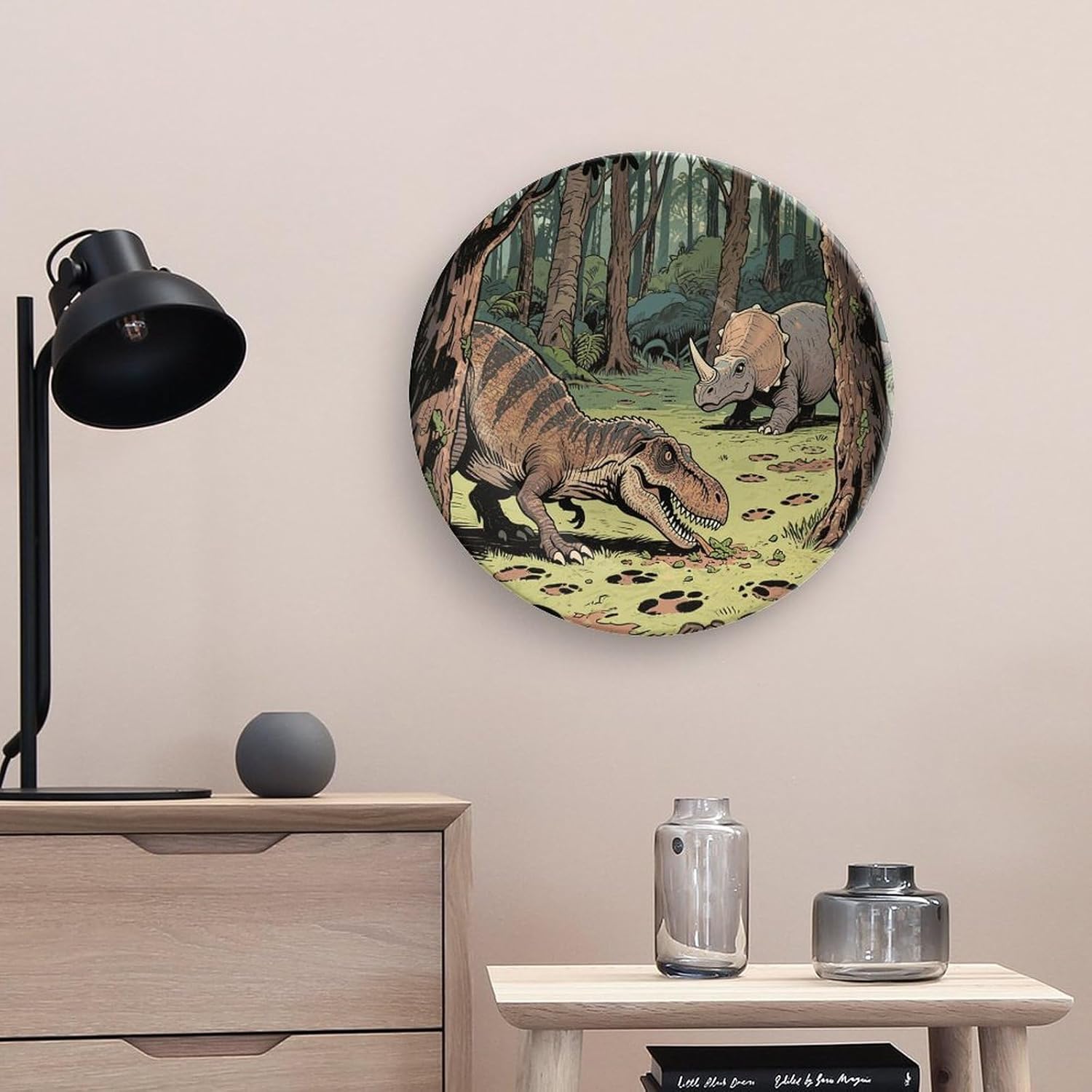 Dinosaur Jungle Ceramic Plate 10inch Decorative Bone China Wall Hanging Ornament Plates Bohemian Style Dinner Plate with Display Stand Cabinet Display Plates for Home Art Decor