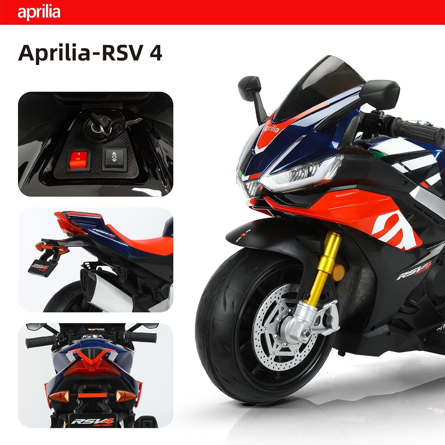 TCARAIWEN Aprilia Licensed 24V Kids Electric Motorcycle, Speed Up to 8mph Ride-On Motorcycle with Training Wheels, Key Switch and Mp3 (Normal Motors - 24V, Blue)