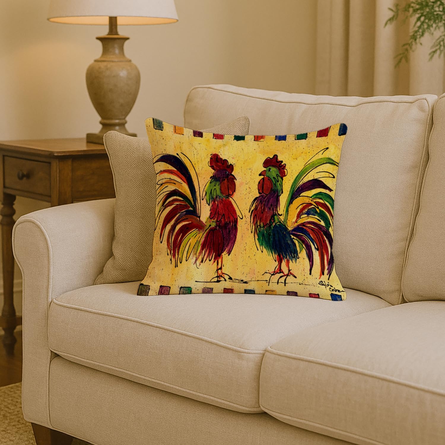 Caroline's Treasures 8062PW1414 Bird - Rooster Fabric Decorative Pillow Machine Washable, Indoor Outdoor Decorative Pillow for Couch, Bed or Patio, 14Hx14W