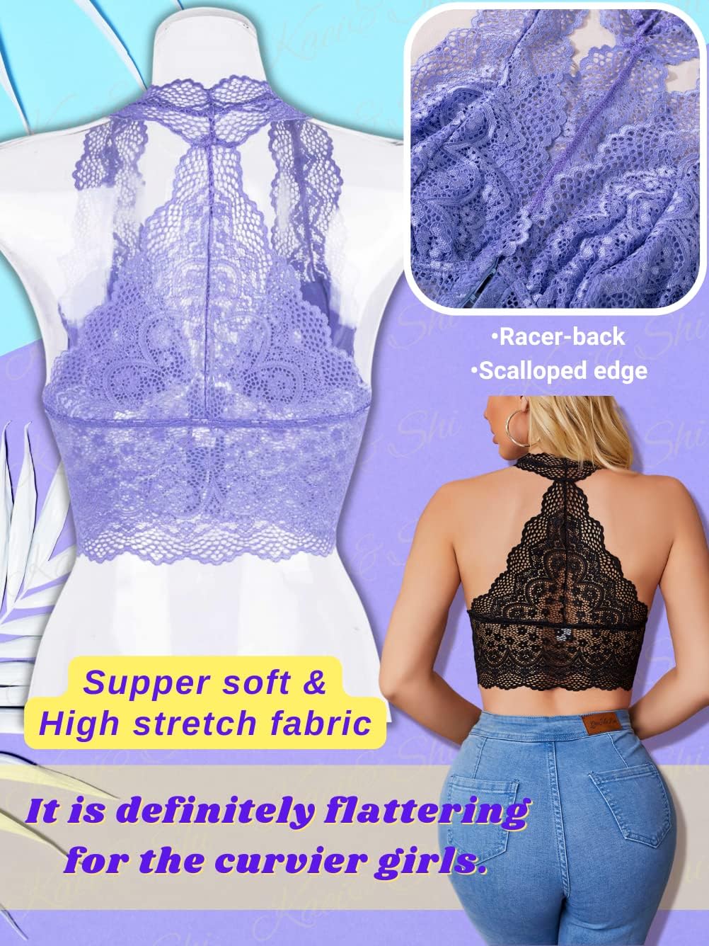 Kaei&Shi Lace Bralette for Women, Sheer Floral Plunge Deep V Sexy Bra, Push Up Halter Racerback Bustier Lingerie Going Out