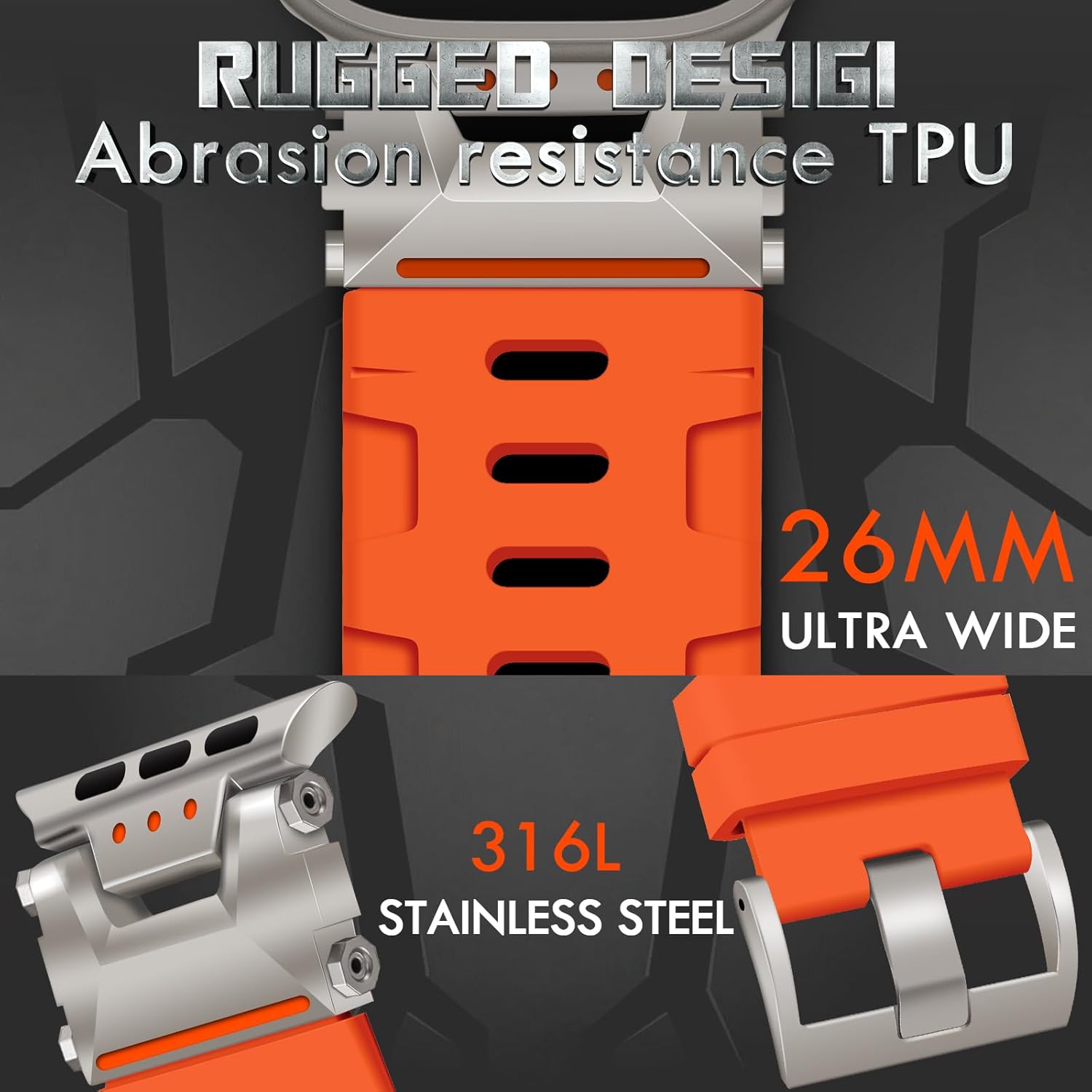 Rugged Strap for Apple Watch Ultra 2/Ultra Band 49mm with Stainless Steel Case, Armor TPU Sport Bands for iWatch Ultra 2/1 with Metal Connector, Waterproof Wristband for Apple Watch 49mm Men Orange