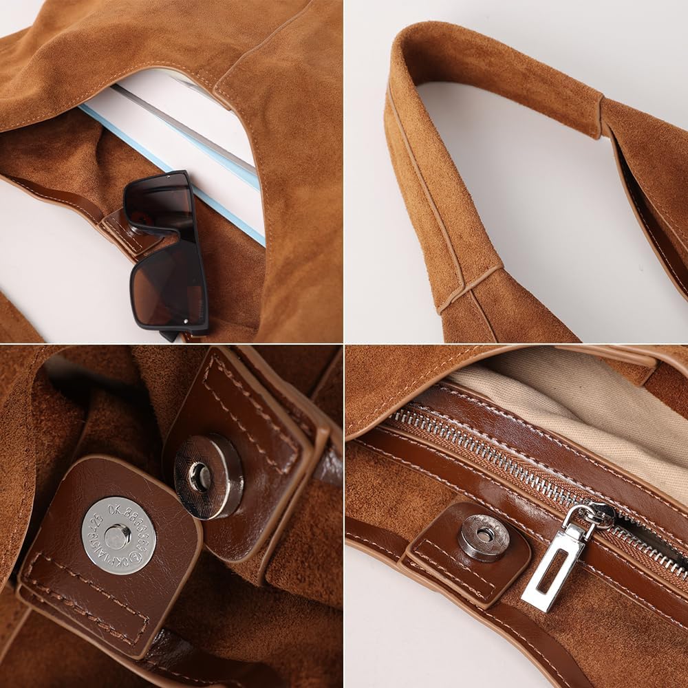 VAKAER Genuine Suede Leather Hobo Bag for Women, Slouchy Oversized Crescent Shoulder Tote Purse with Detachable Zip Pouch - Image 4