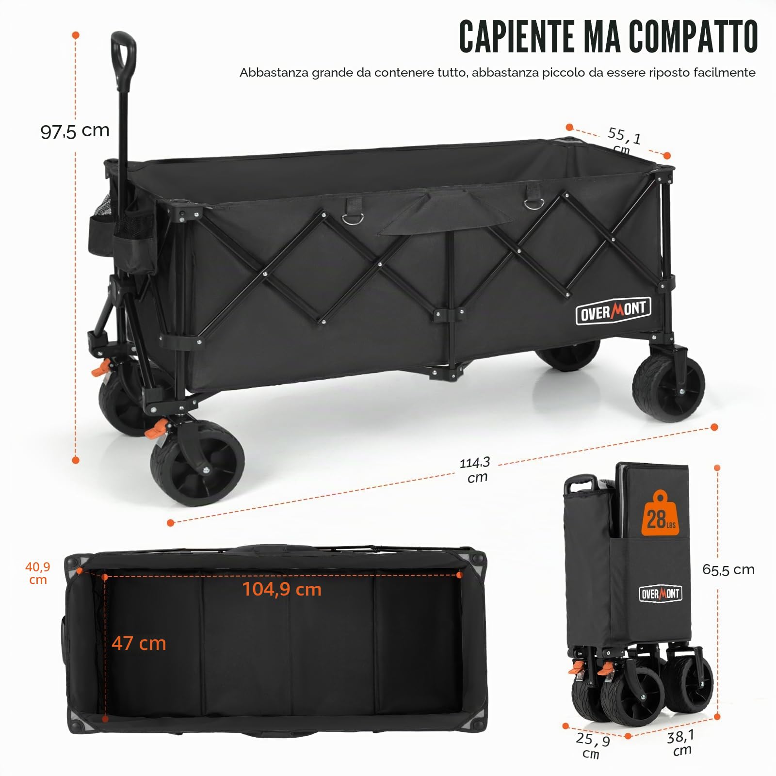 Overmont Carrello Spiaggia Pieghevole - 114CM Carrello da Giardino Pieghevole Esteso con Freni - 300L 200kg Carrelli da Trasporto con Ruote Grandi Tutti i Terreni - Ideale per Campeggio Shopping Sport