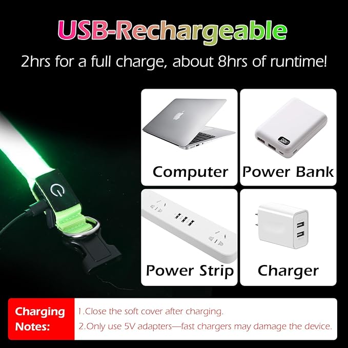 Collar LED Recargable para Perro, Ajustable 15-19 pulg, Verde miniatura 4