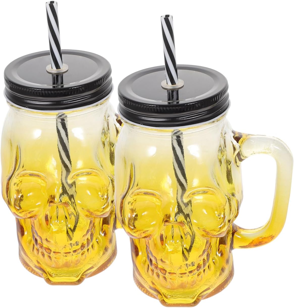 ARTIBETTER 2pcs Halloween Skull Glass Cups with Handle 500ml Gradient Yellow Glassware Party Beer Wine Drinkware Set with Lid and Straw for Halloween Party Random Color